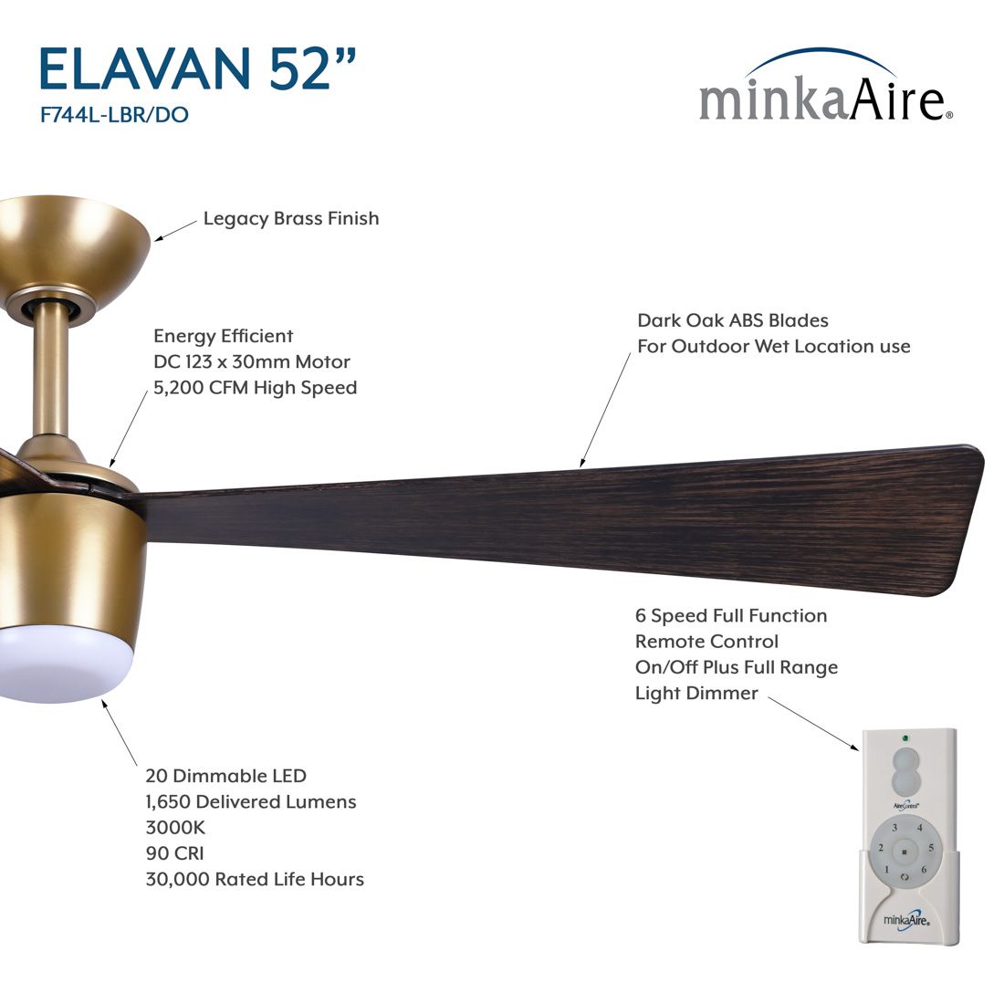 Image 5 Minka-Aire Elavan 52-in LED Legacy Brass Indoor-Outdoor 3-Blade Ceiling Fan more views
