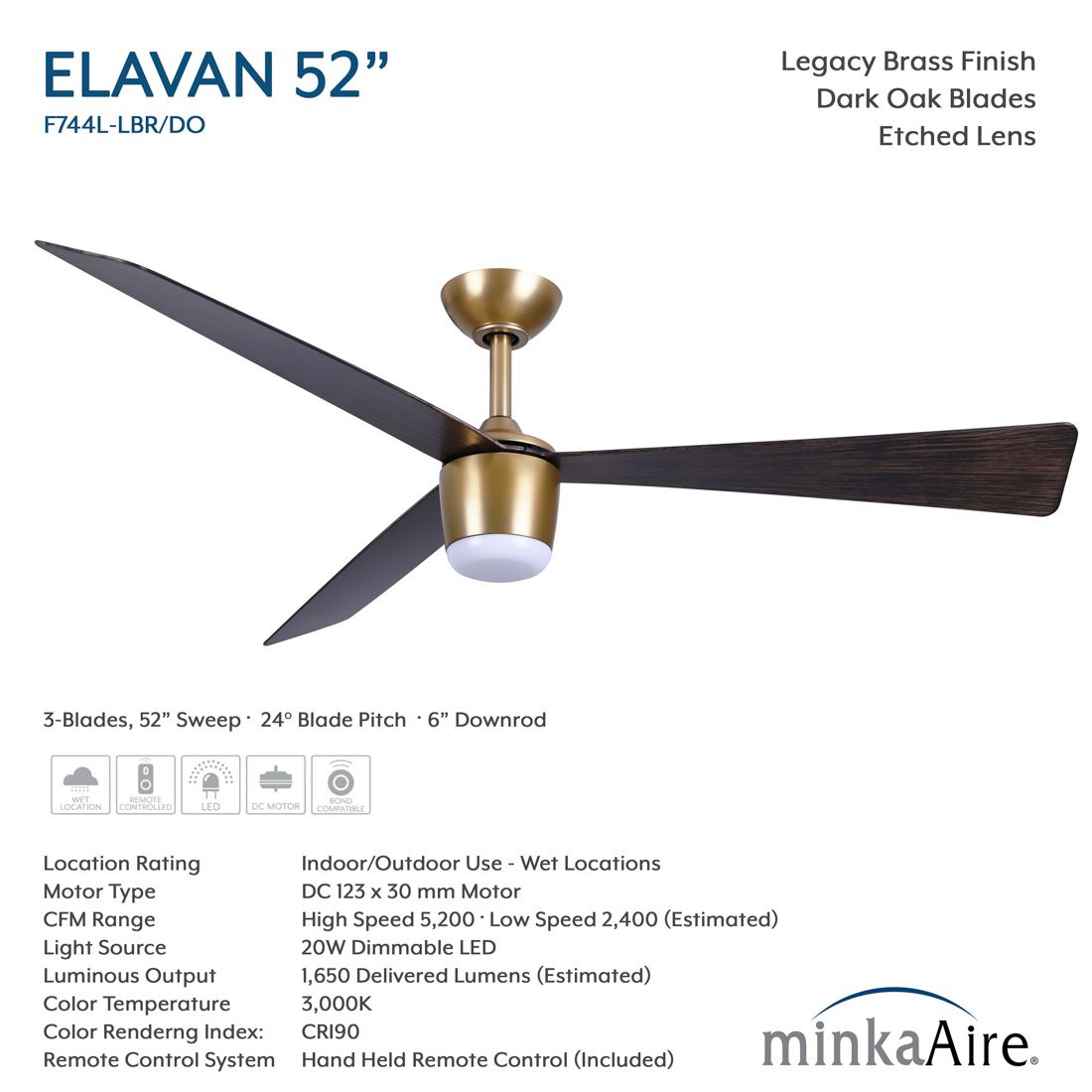Minka-Aire Elavan 52-in LED Legacy Brass Indoor-Outdoor 3-Blade Ceiling Fan