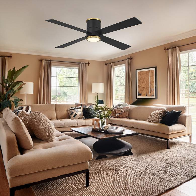 Image 6 Minka-Aire Falco 54-in LED Black and Brass 4-Blade Flush Mount Ceiling Fan more views