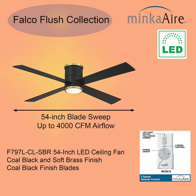 Image 7 Minka-Aire Falco 54-in LED Black and Brass 4-Blade Flush Mount Ceiling Fan more views