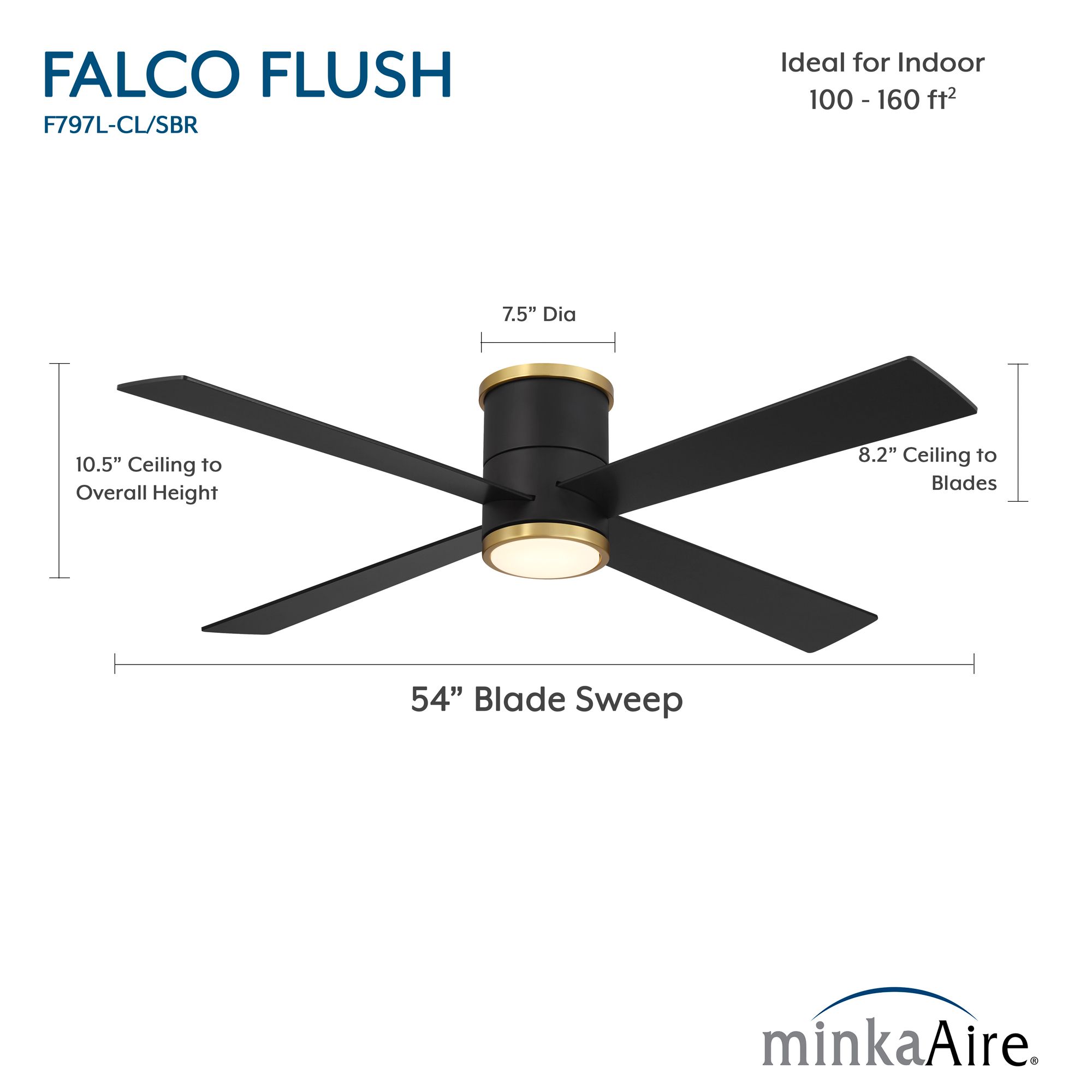 Minka-Aire Falco 54-in LED Black and Brass 4-Blade Flush Mount Ceiling Fan