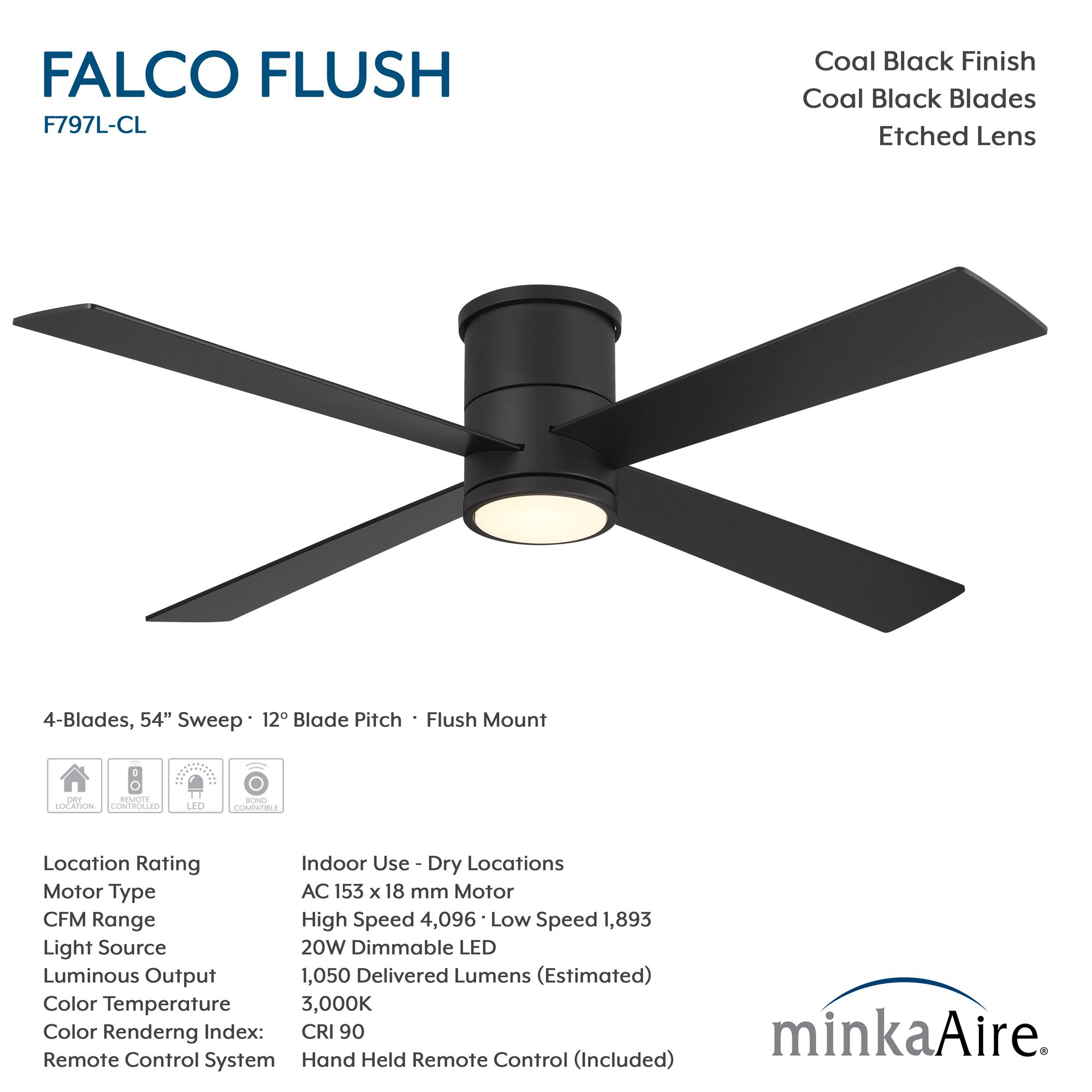 Image 7 Minka-Aire Falco 54-in LED Coal Black Indoor 4Blade Flush Mount Ceiling Fan more views