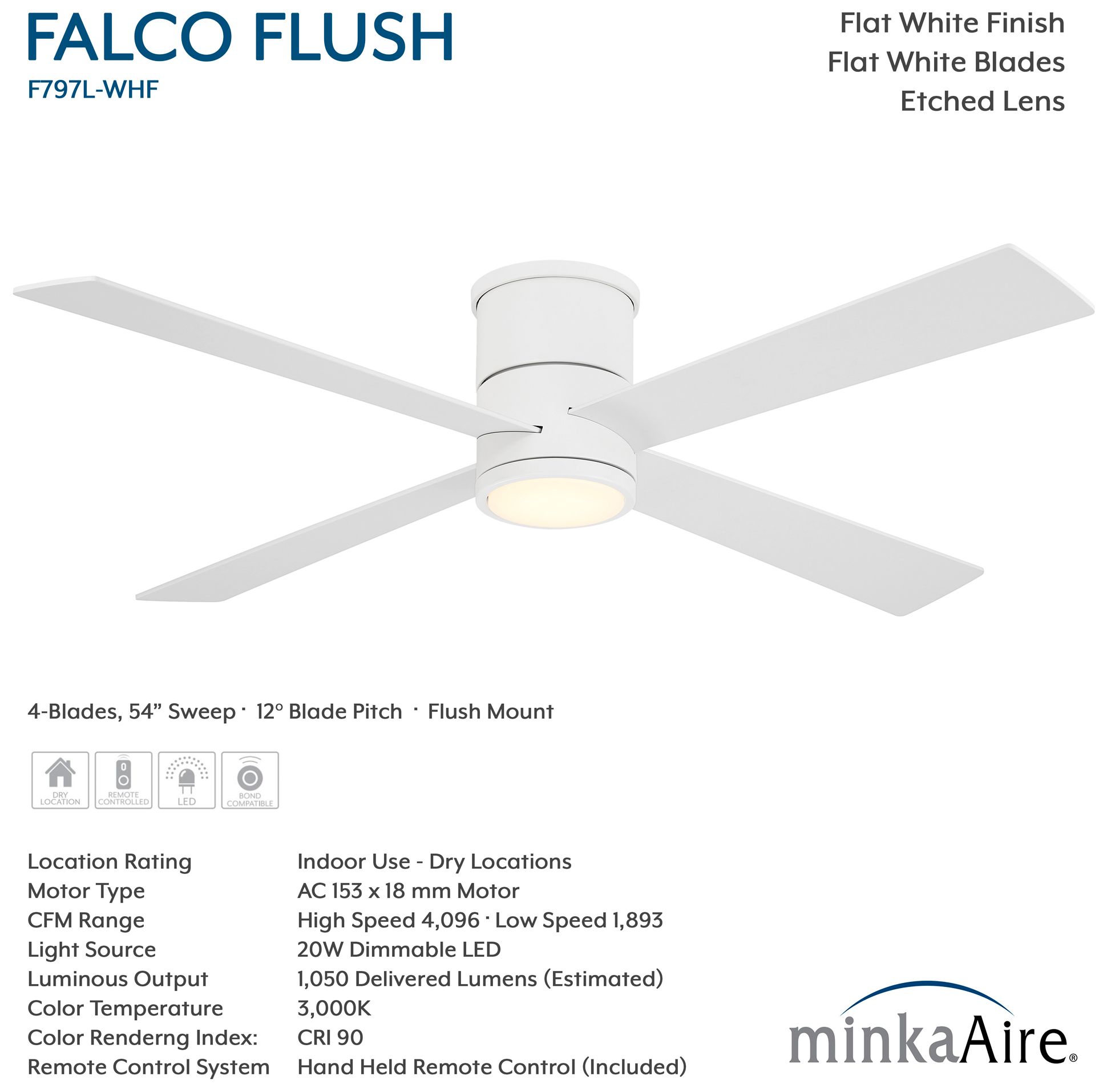 Image 7 Minka-Aire Falco 54-in LED Flat White 4-Blade Flush Mount Ceiling Fan more views