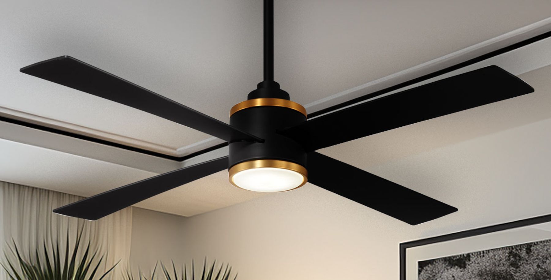 Minka Aire Falco 54-inch LED Black and Soft Brass Indoor Ceiling Fan in scene