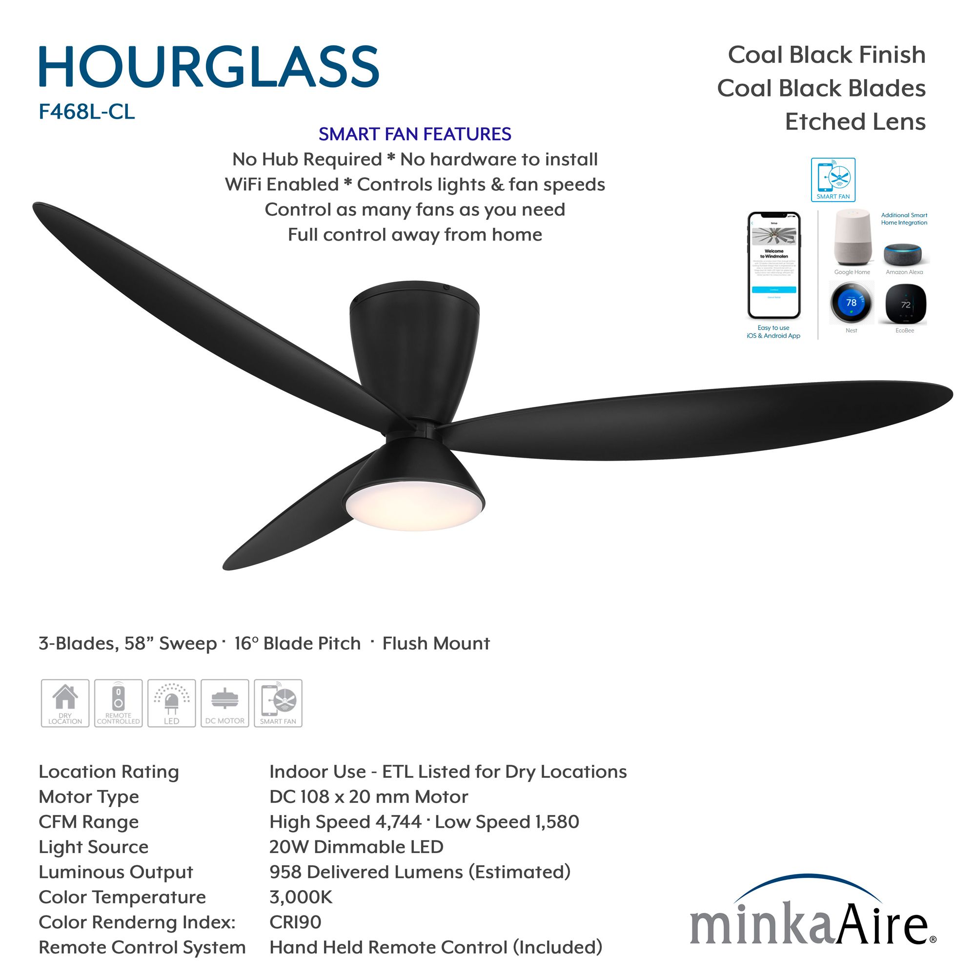 Minka-Aire Hourglass 58-in LED Coal Black 3-Blade Flush Mount Ceiling Fan
