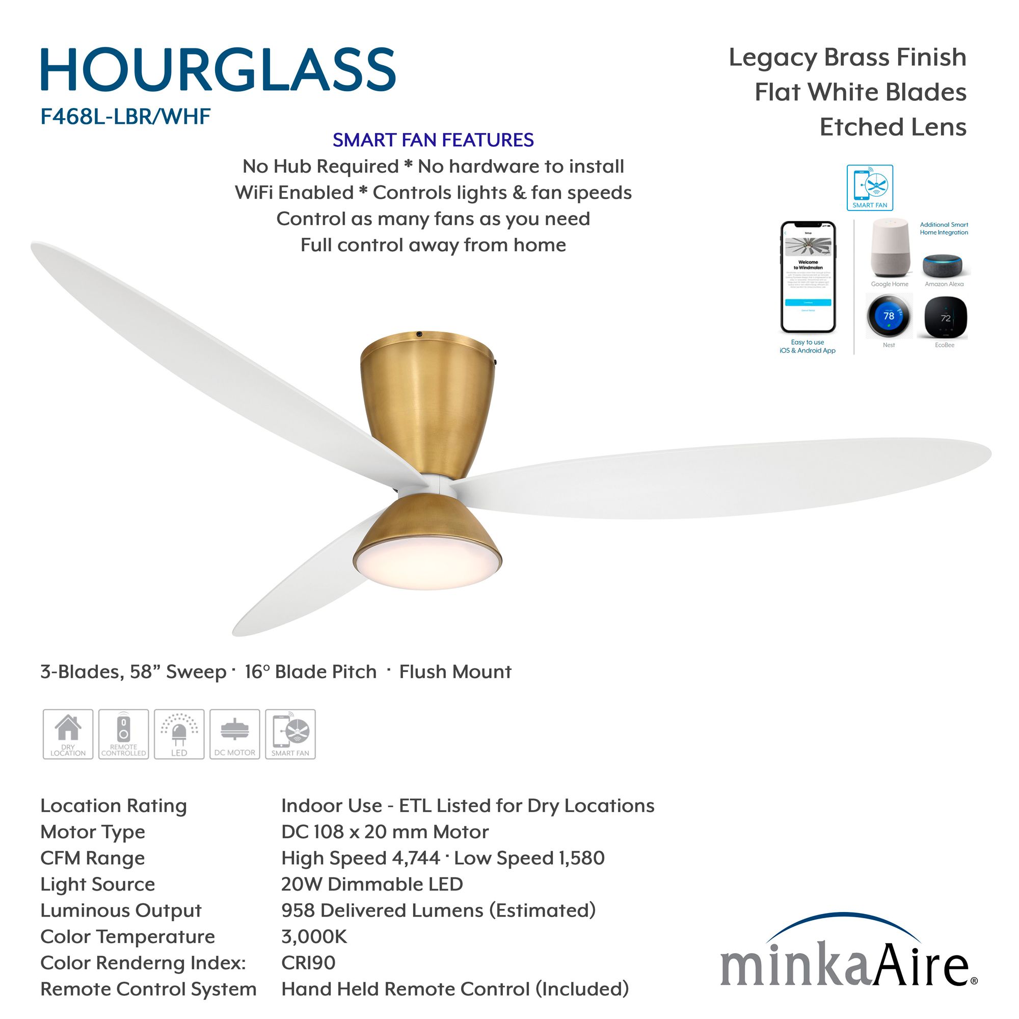 Minka-Aire Hourglass 58-in LED Legacy Brass 3-Blade Flush Mount Ceiling Fan