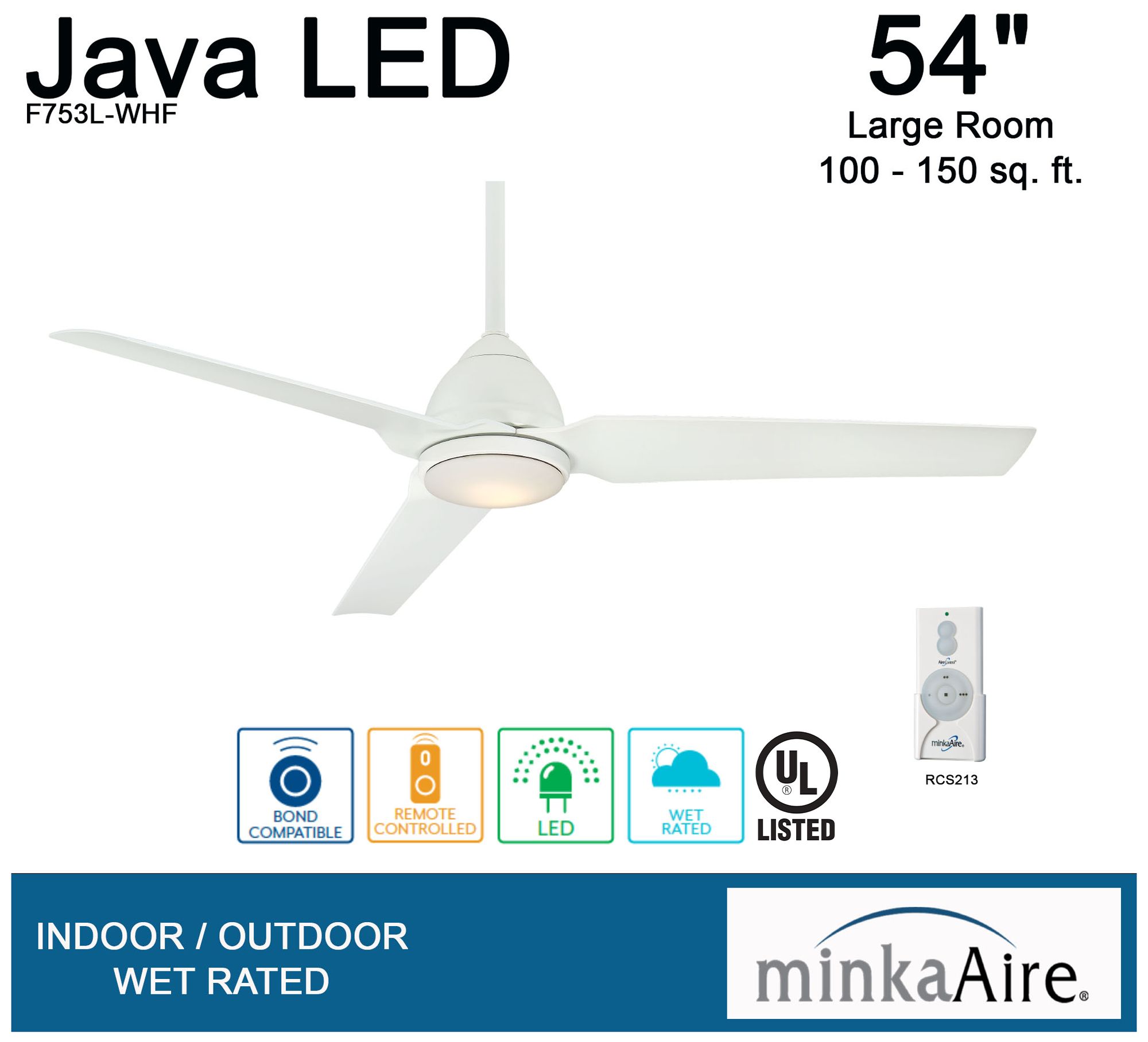 Minka-Aire Java 54-in LED Flat White 3-Blade Ceiling Fan with Remote