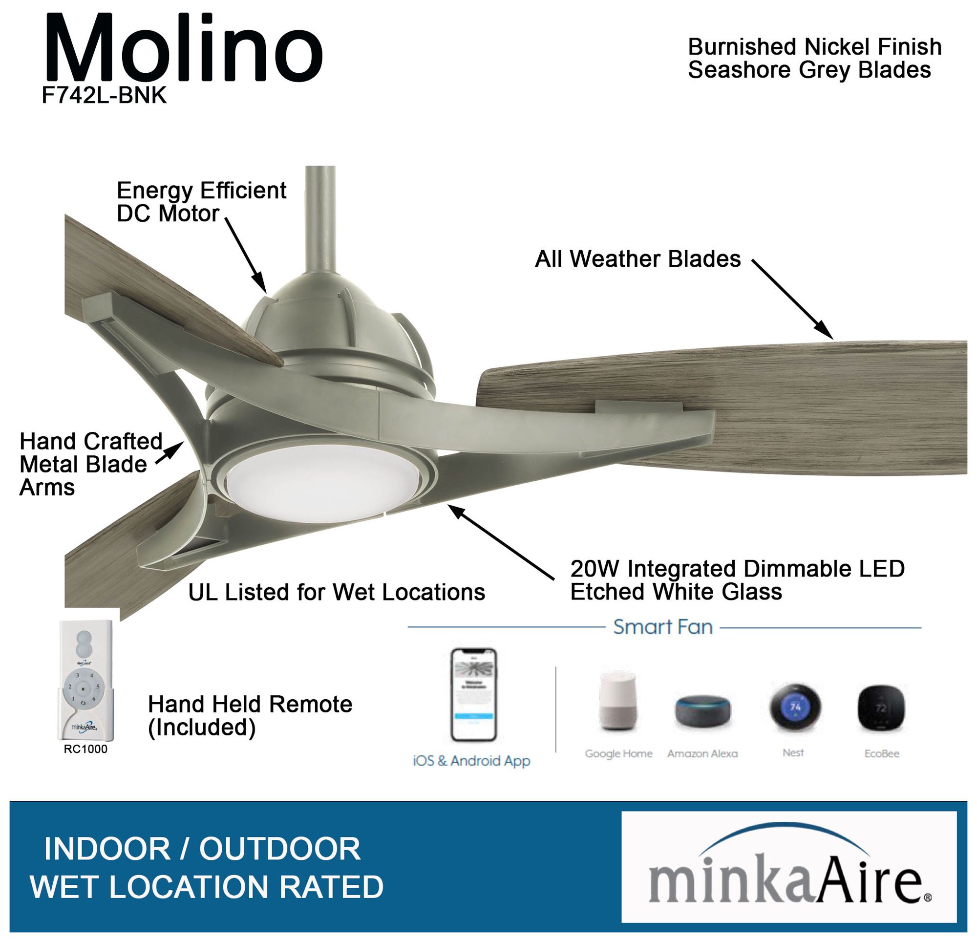 Image 6 Minka Aire Molino 65-inch LED Burnished Nickel Smart Outdoor Ceiling Fan more views
