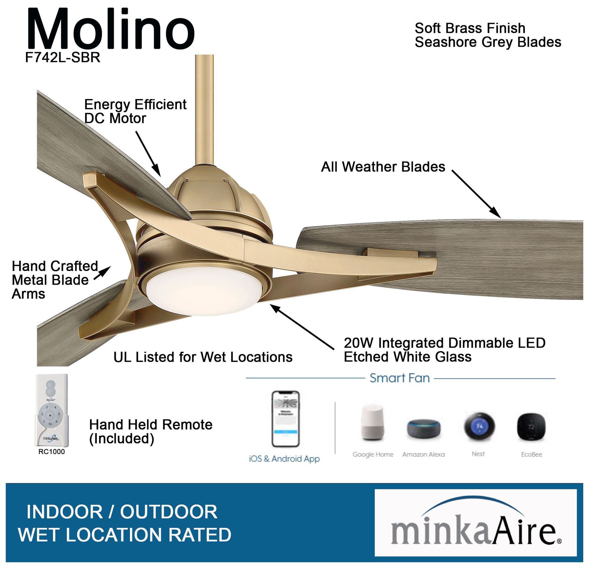 Image 6 Minka Aire Molino 65-inch LED Soft Brass Smart Outdoor Ceiling Fan more views