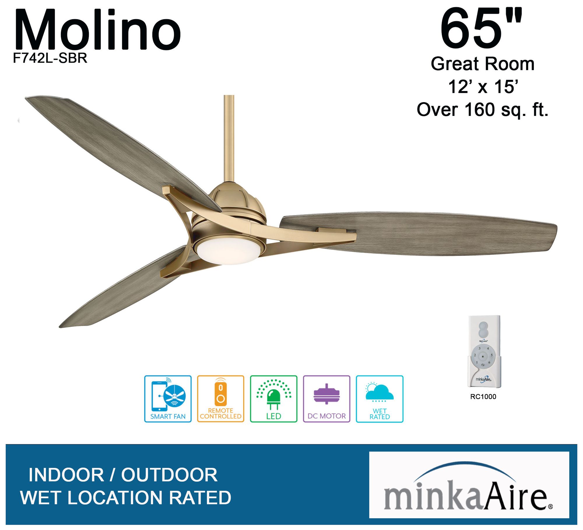 Image 7 Minka Aire Molino 65-inch LED Soft Brass Smart Outdoor Ceiling Fan more views