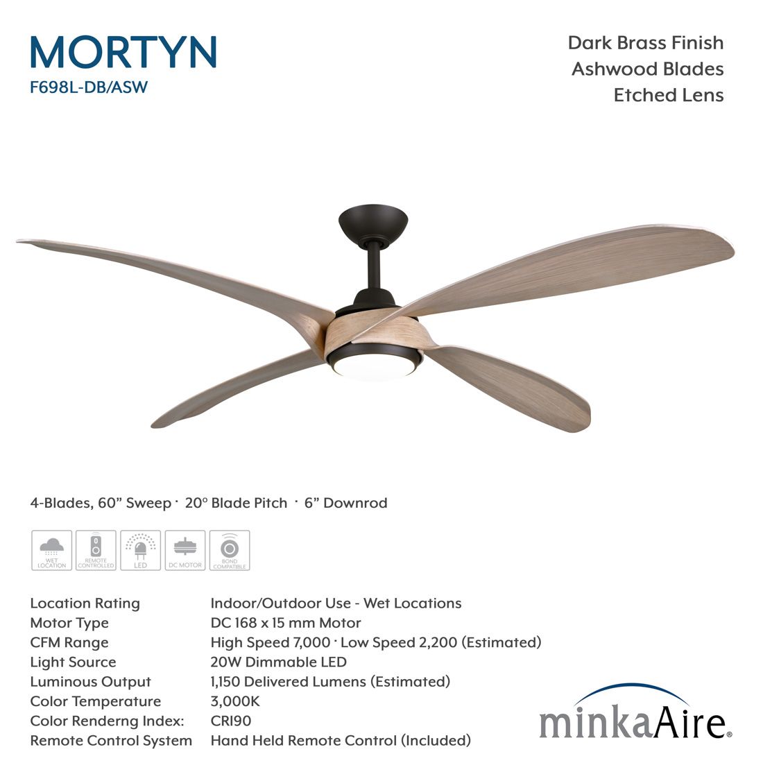 Minka-Aire Mortyn 60-in LED Dark Bronze Indoor-Outdoor 4-Blade Ceiling Fan