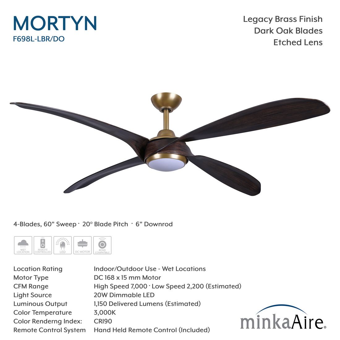 Image 7 Minka-Aire Mortyn 60-in LED Legacy Brass Indoor-Outdoor 4-Blade Ceiling Fan more views
