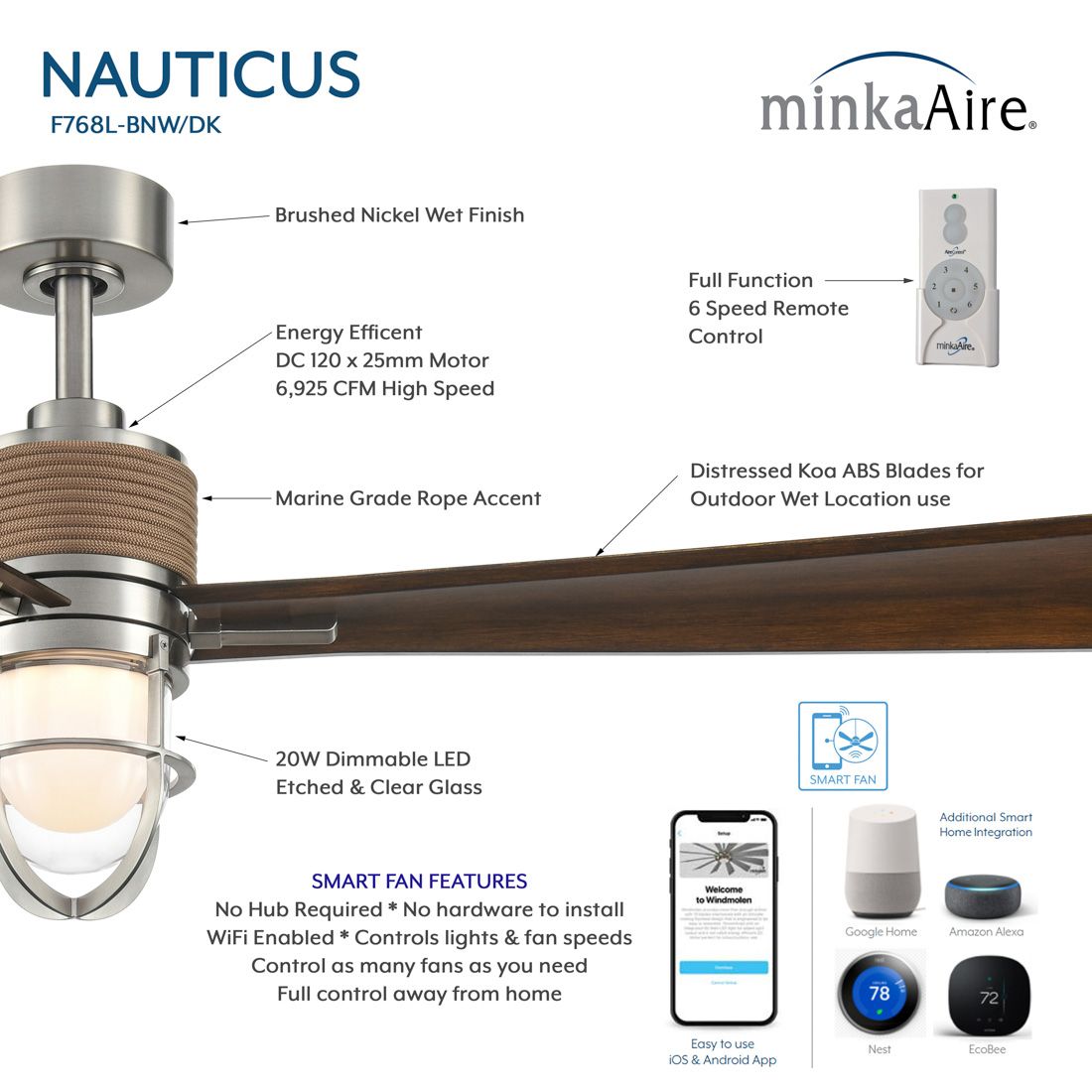Image 3 Minka Aire Nauticus 65-in LED Brush Nickel Wet and Koa Outdoor Ceiling Fan more views
