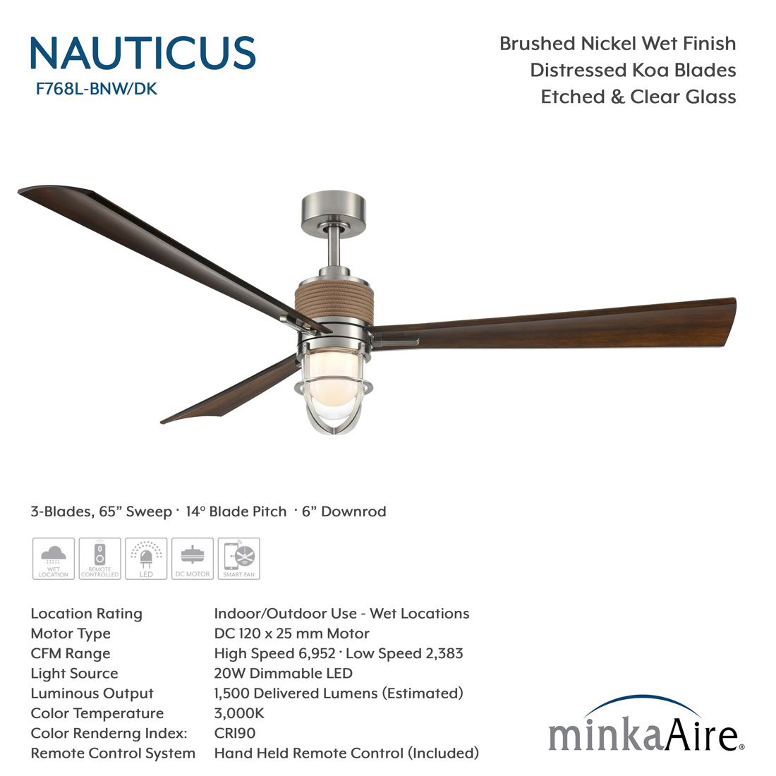 Image 6 Minka Aire Nauticus 65-in LED Brush Nickel Wet and Koa Outdoor Ceiling Fan more views