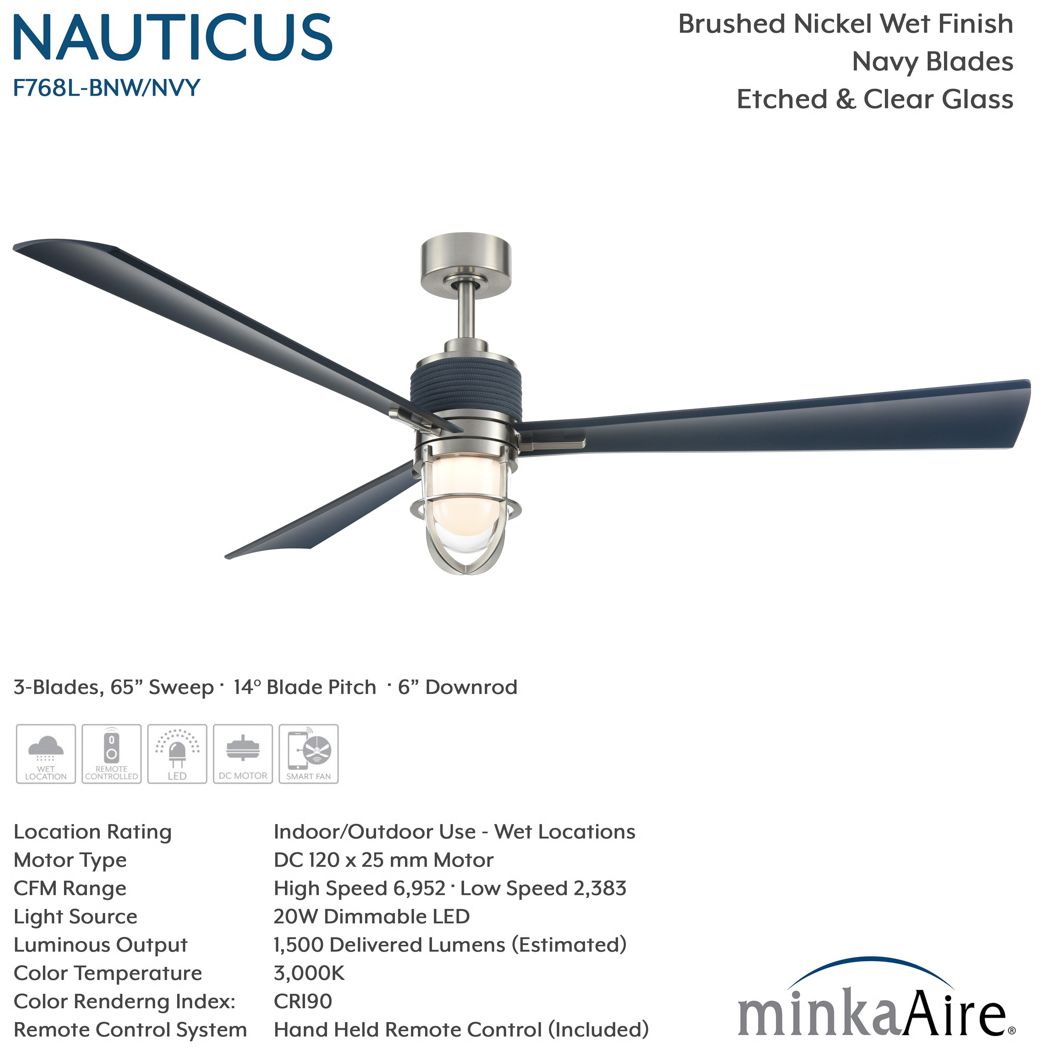 Image 6 Minka Aire Nauticus 65-in LED Brush Nickel Wet and Navy Outdoor Ceiling Fan more views