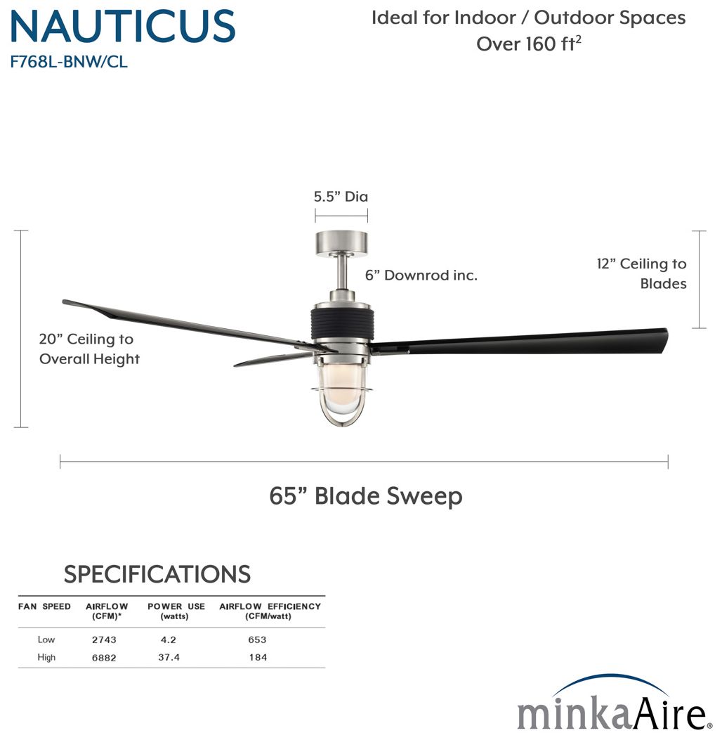 Minka Aire Nauticus 65-in LED Brushed Nickel Wet Outdoor Smart Ceiling Fan