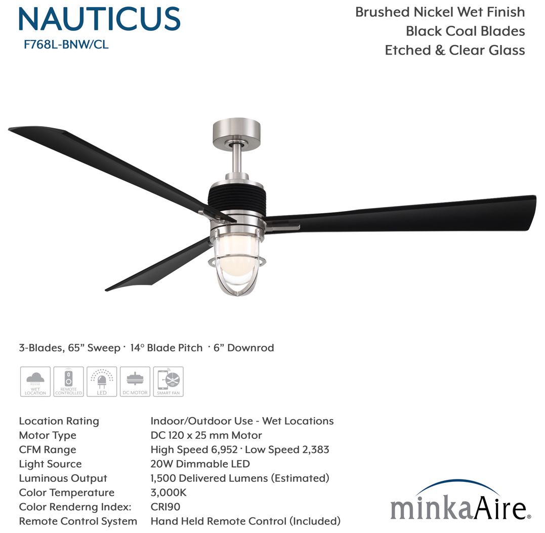 Image 6 Minka Aire Nauticus 65in LED Brush Nickel Wet and Black Outdoor Ceiling Fan more views