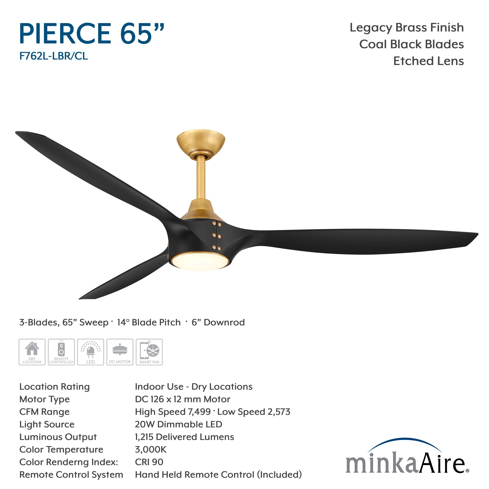 Image 7 Minka-Aire Pierce 65-in LED Legacy Brass Indoor 3-Blade Smart Ceiling Fan more views
