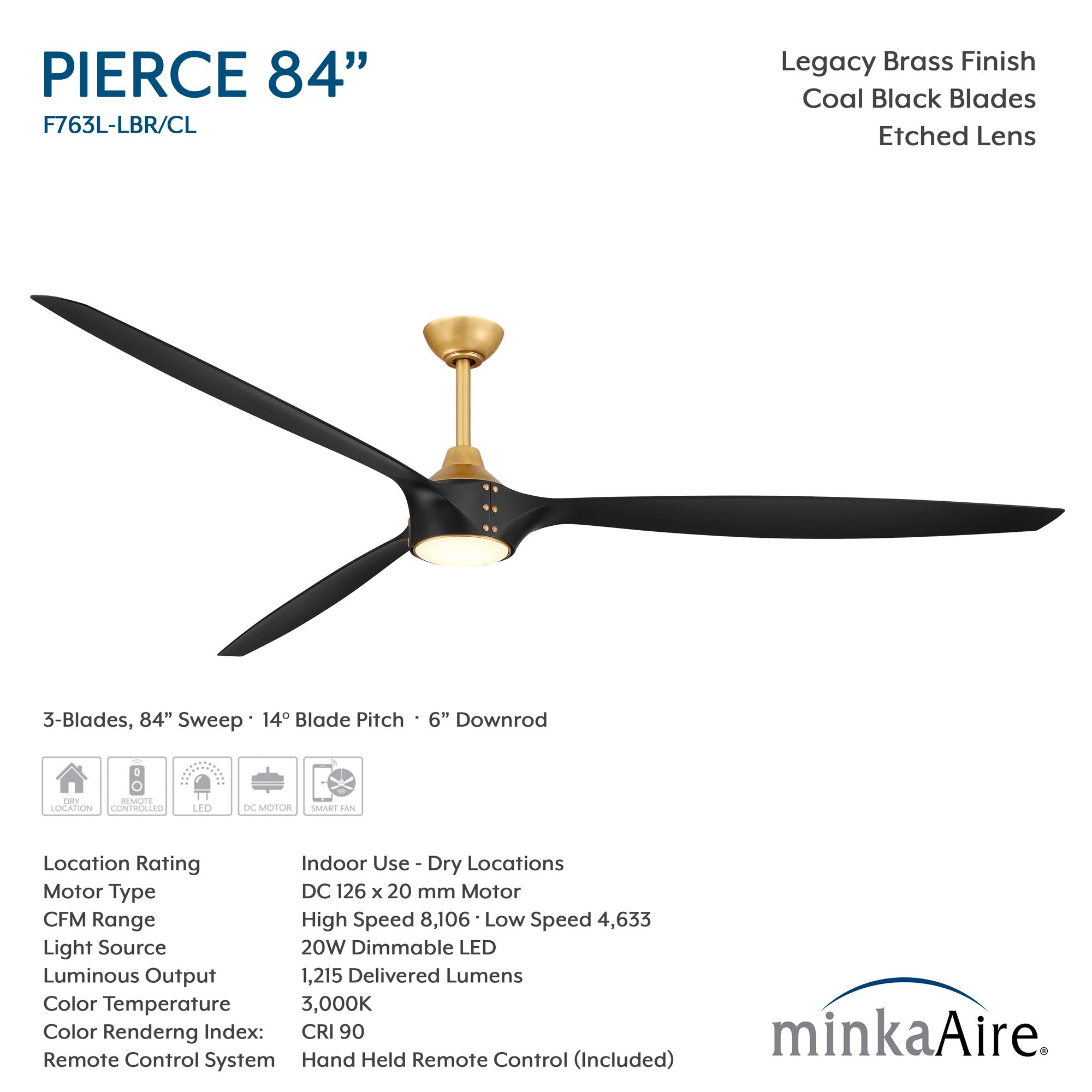 Minka-Aire Pierce 84-in LED Legacy Brass Indoor 3-Blade Smart Ceiling Fan