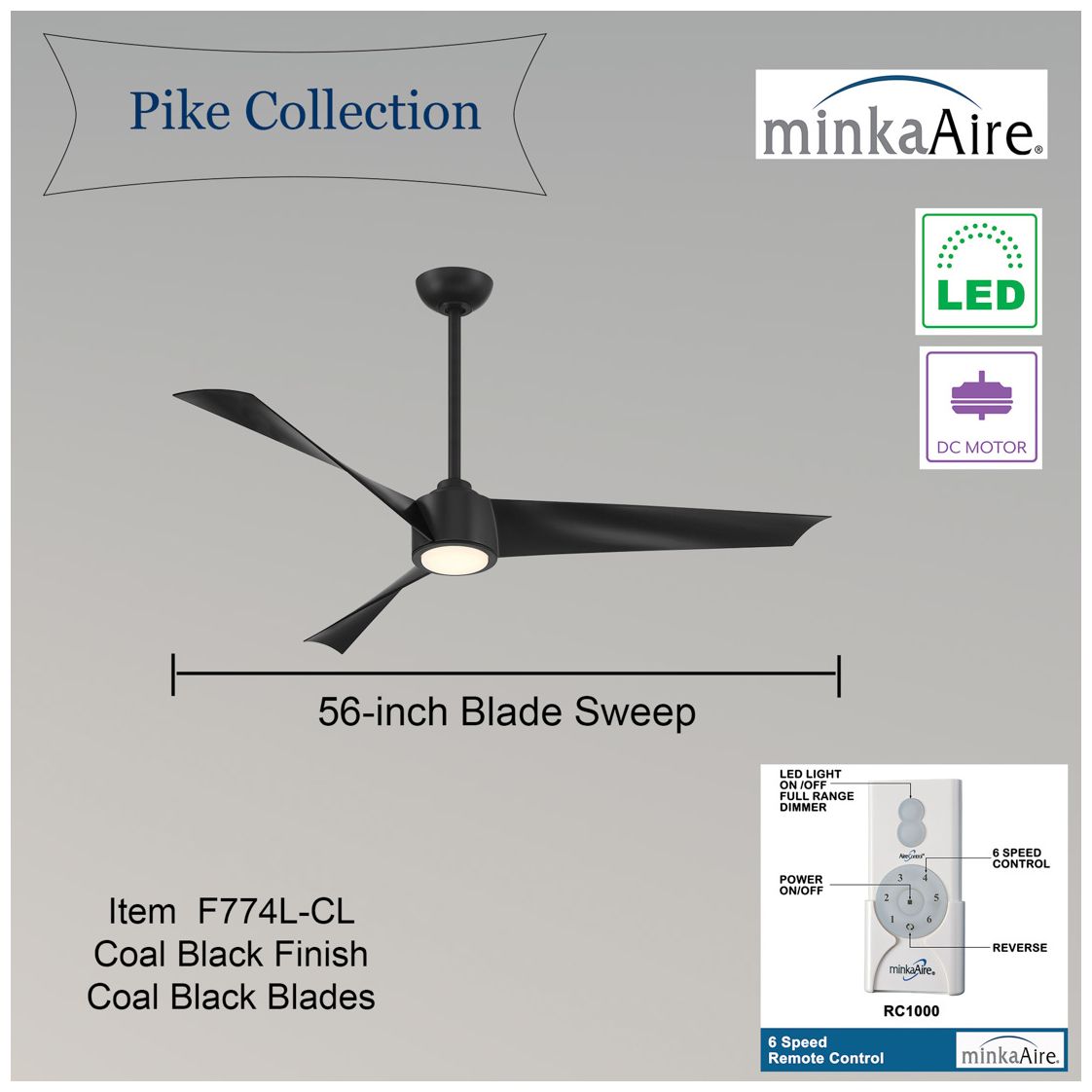 Image 6 Minka-Aire Pike 56-in LED Coal Black Indoor 3-Blade Ceiling Fan more views