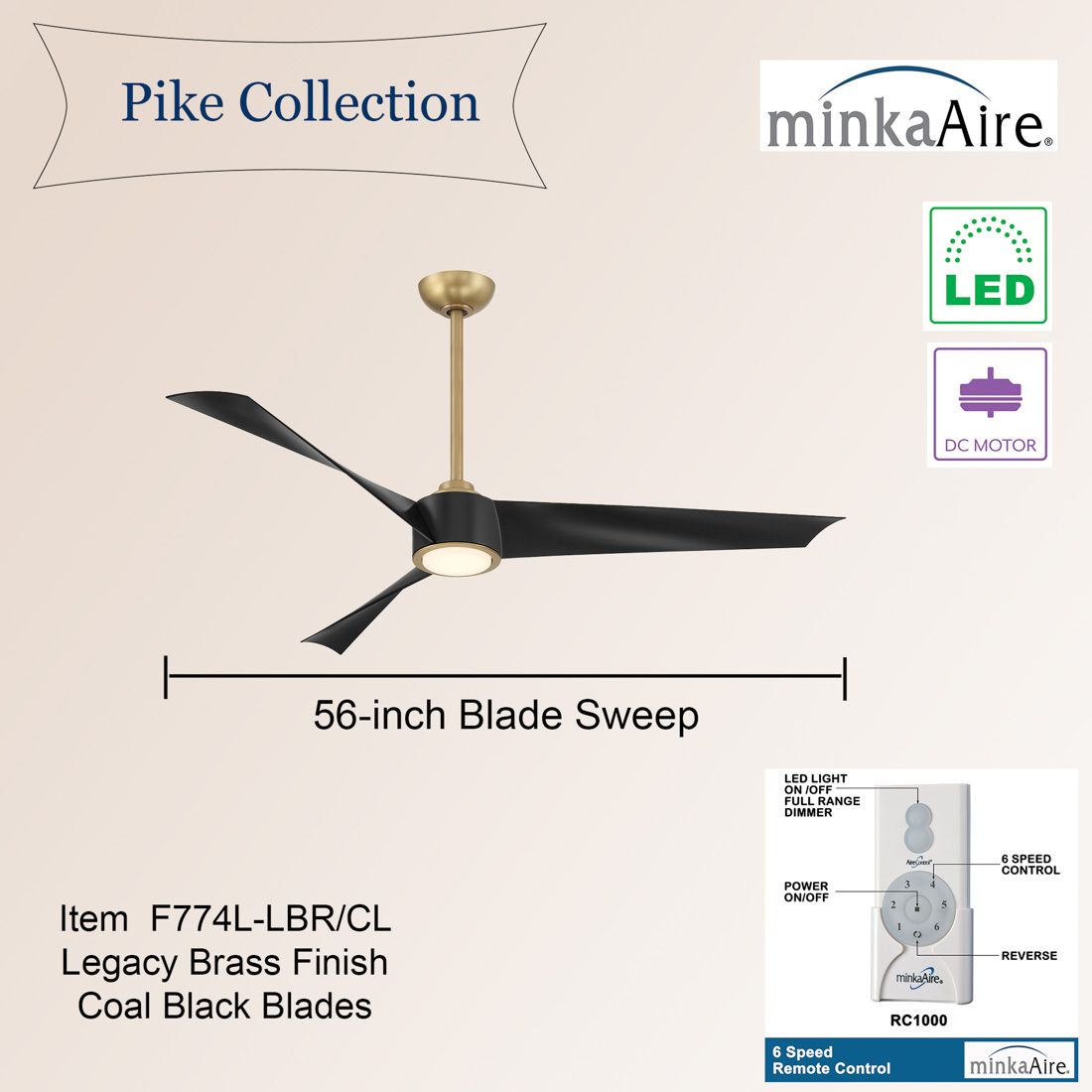 Image 7 Minka-Aire Pike 56-in LED Legacy Brass 3-Blade Ceiling Fan with Remote more views