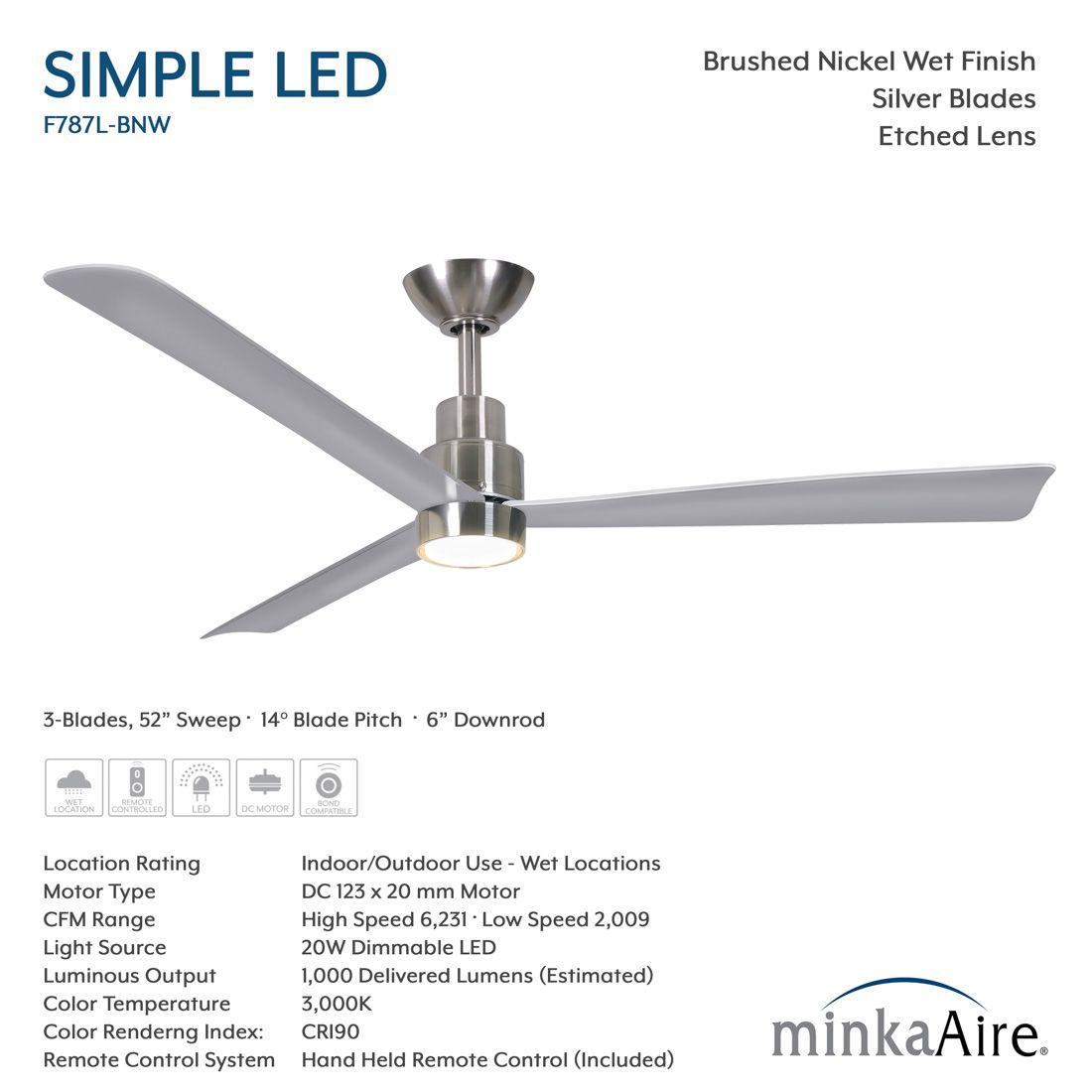 Image 5 Minka-Aire Simple 52-in LED Brushed Nickel Wet Outdoor 3-Blade Ceiling Fan more views