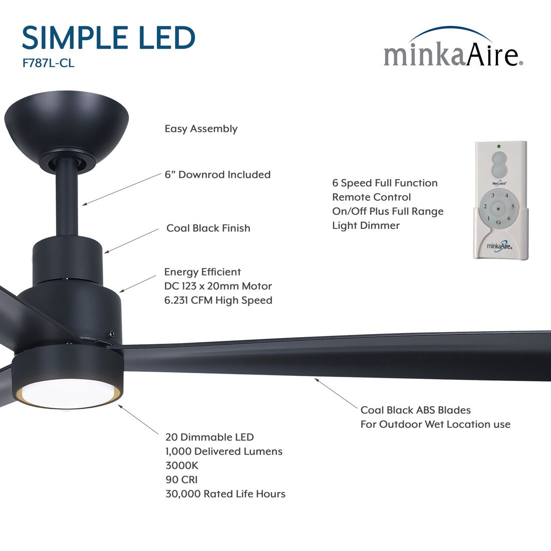 Thumbnail4 of Minka-Aire Simple 52-in LED Coal Black Outdoor 3-Blade Ceiling Fan more views