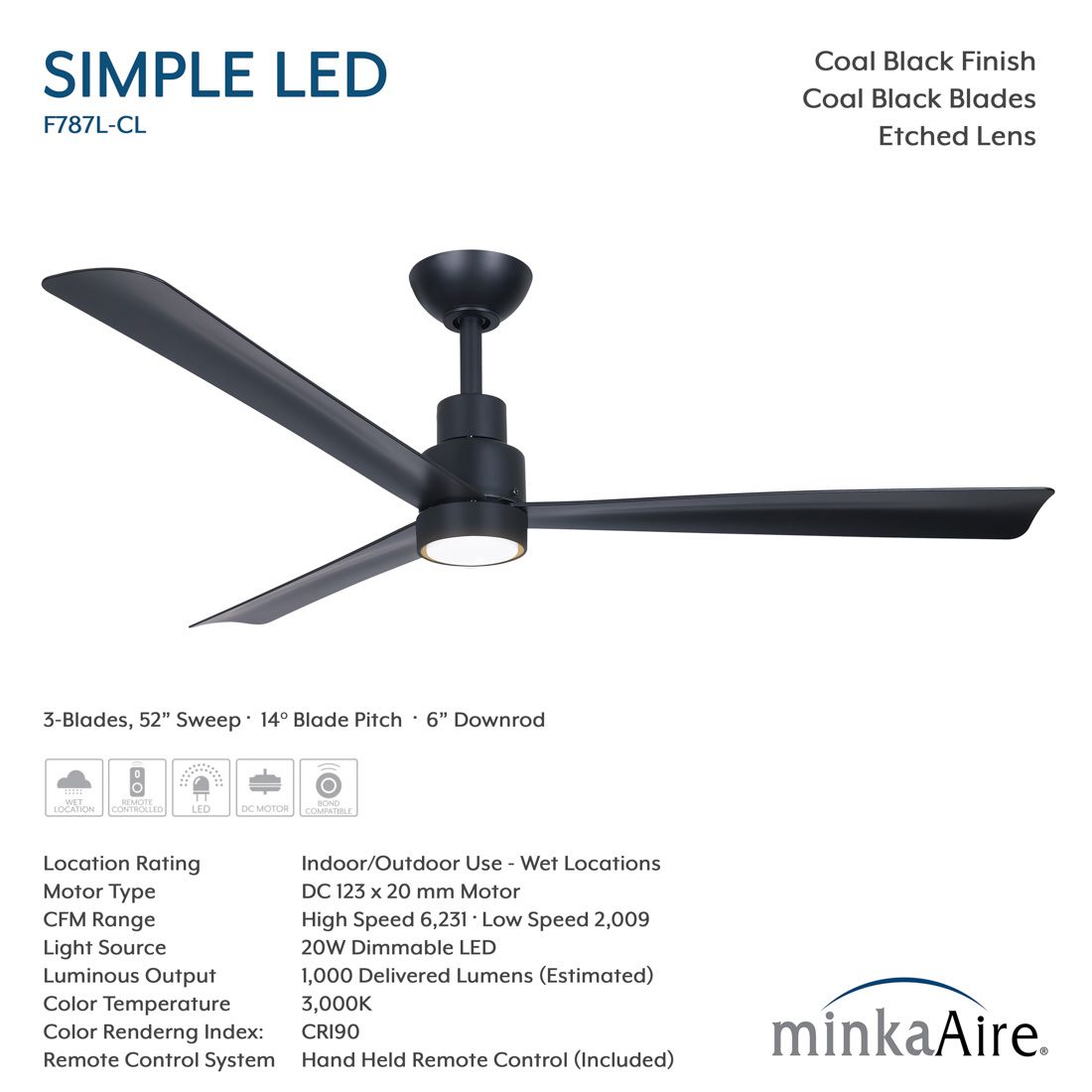 Minka-Aire Simple 52-in LED Coal Black Outdoor 3-Blade Ceiling Fan