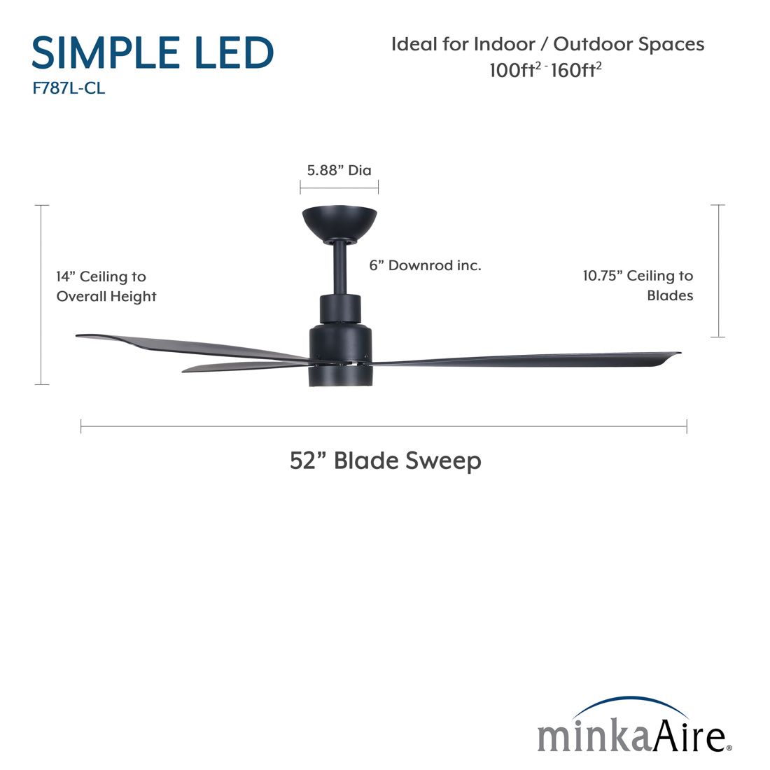 Minka-Aire Simple 52-in LED Coal Black Outdoor 3-Blade Ceiling Fan