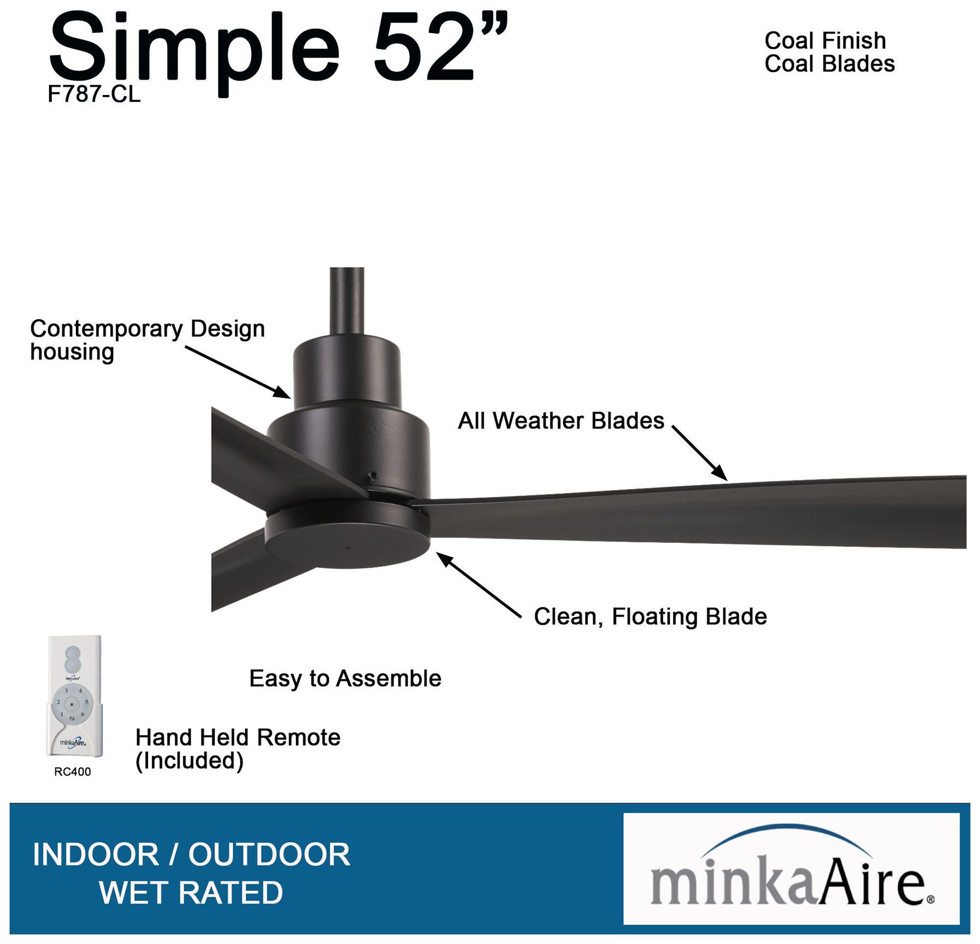 Minka-Aire Simple 52-inch Coal Ceiling Fan Indoor-Outdoor with Remote