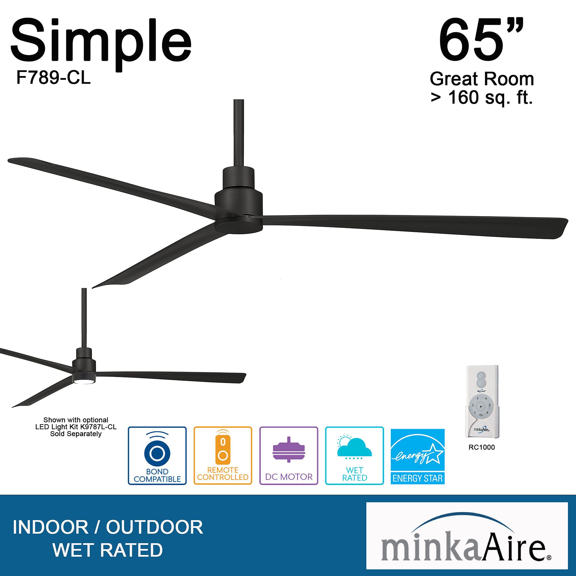 Minka-Aire Simple 65-inch LED Coal Black Outdoor Ceiling Fan with Remote