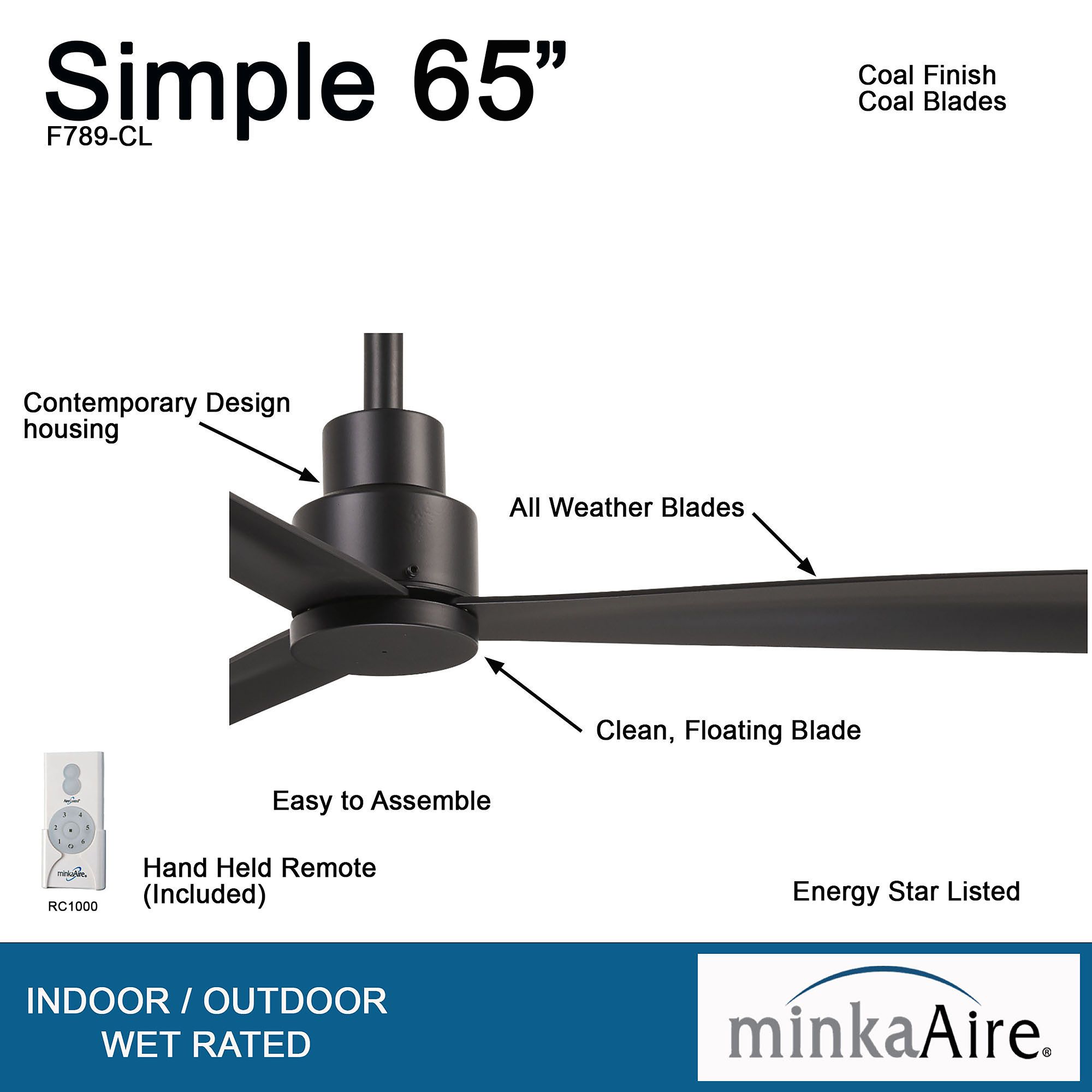 Minka-Aire Simple 65-inch LED Coal Black Outdoor Ceiling Fan with Remote
