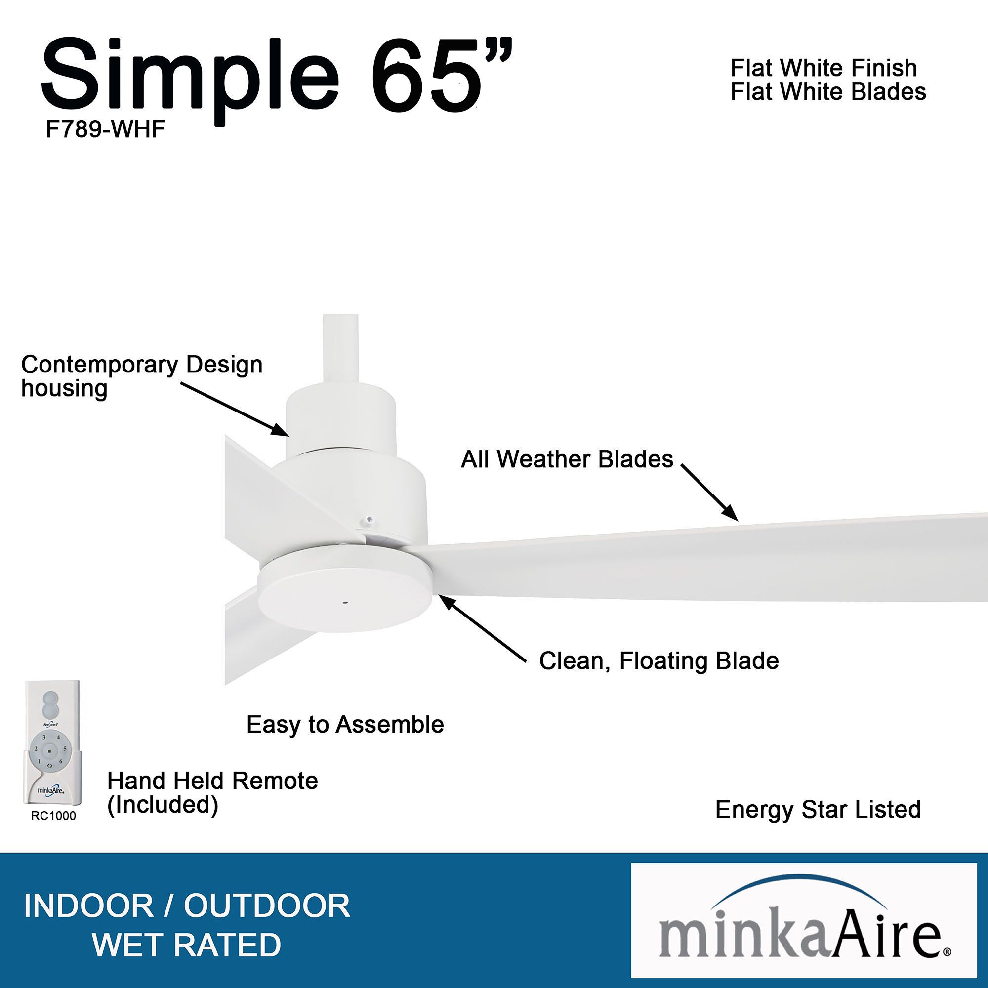 Minka-Aire Simple 65-inch LED Flat White Outdoor Ceiling Fan with Remote