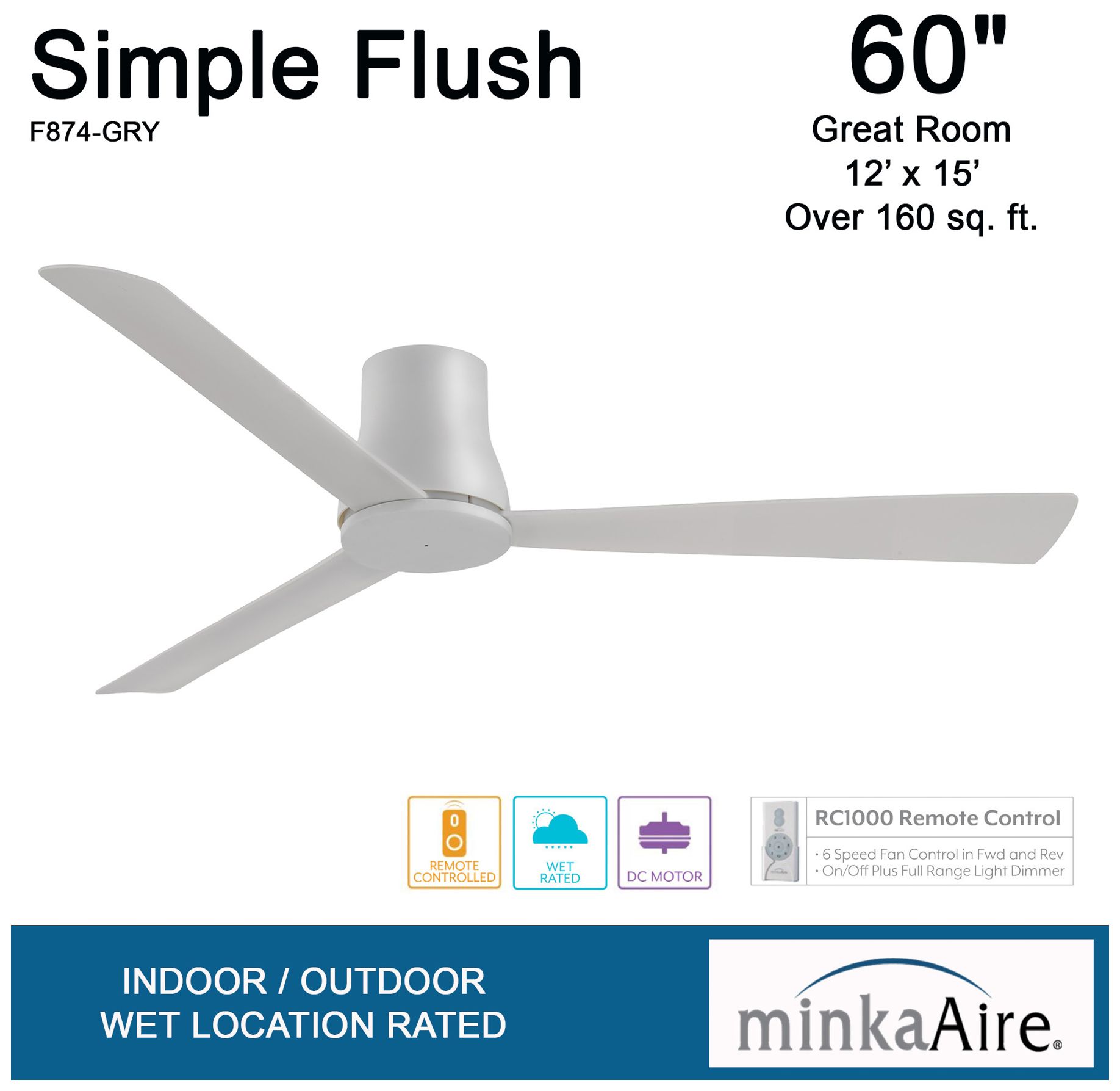 Minka Aire Simple Flush 60-Inch Grey Hugger Ceiling Fan in scene
