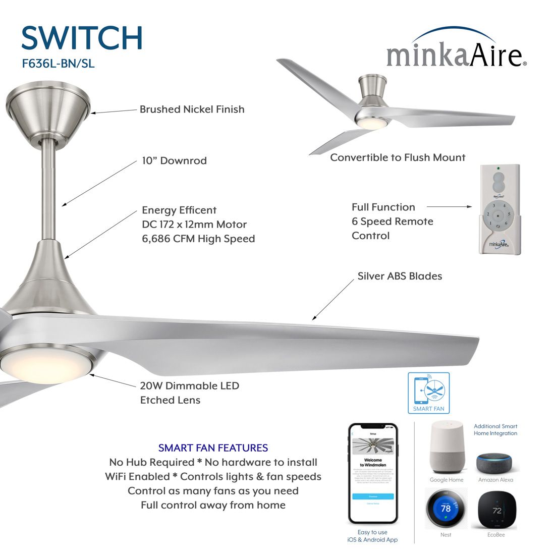 Minka-Aire Switch 60-in LED Brushed Nickel 3-Blade Dual Mount Ceiling Fan