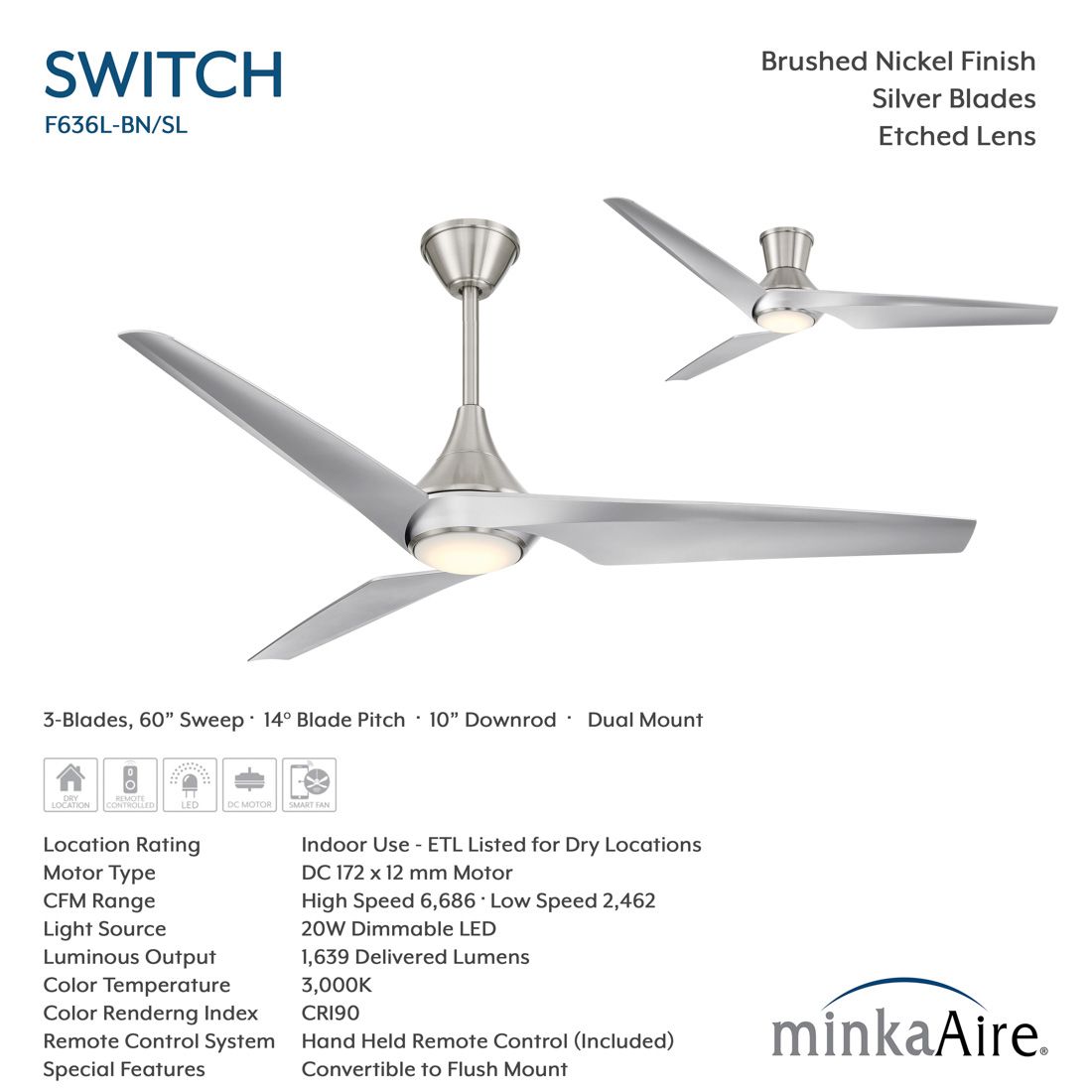 Minka-Aire Switch 60-in LED Brushed Nickel 3-Blade Dual Mount Ceiling Fan