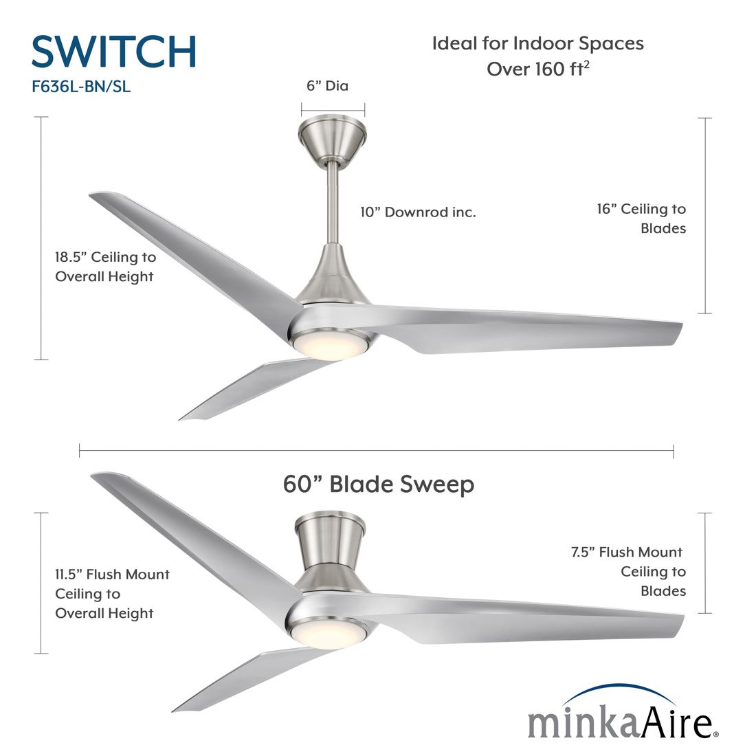 Minka-Aire Switch 60-in LED Brushed Nickel 3-Blade Dual Mount Ceiling Fan