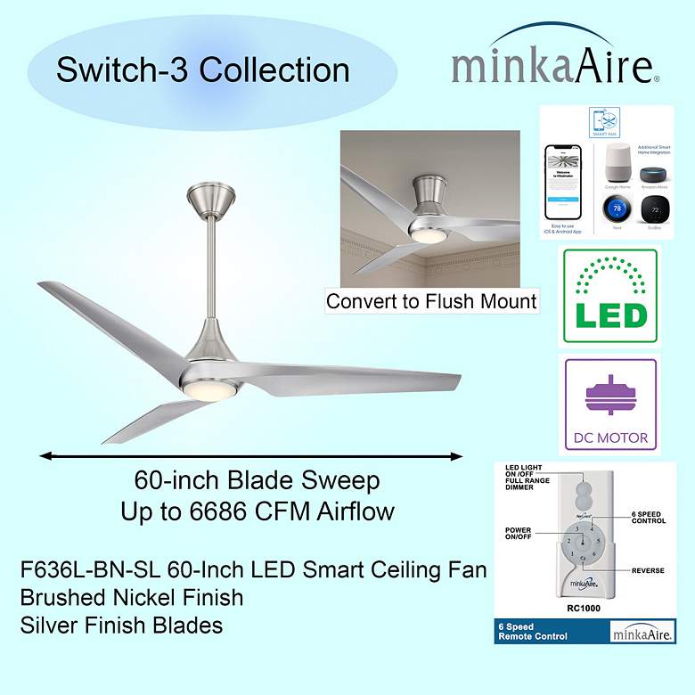 Image 6 Minka-Aire Switch 60-in LED Brushed Nickel 3-Blade Dual Mount Ceiling Fan more views