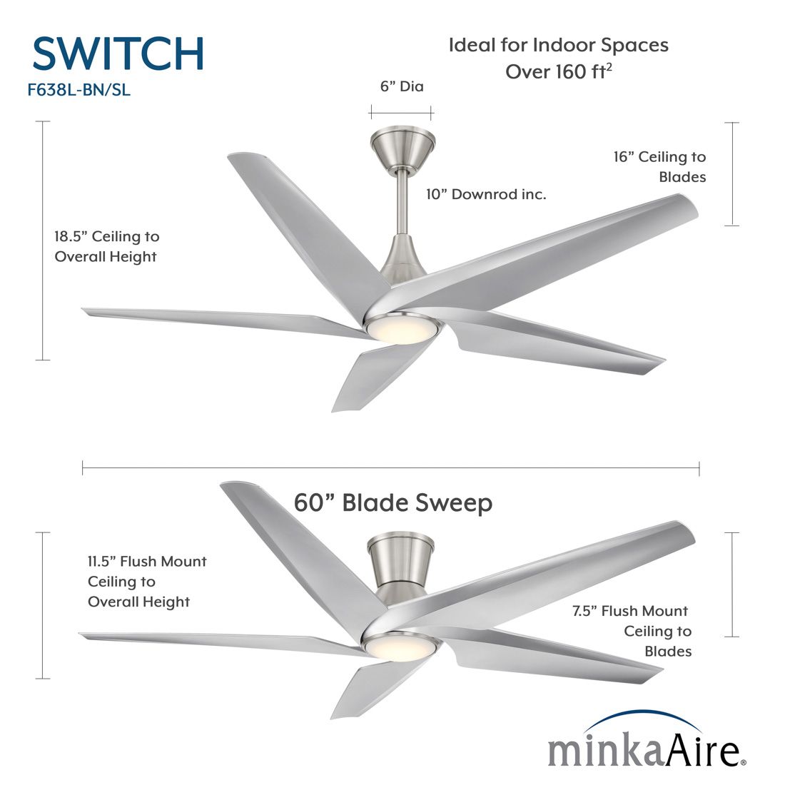 Minka-Aire Switch 60-in LED Brushed Nickel 5-Blade Dual Mount Ceiling Fan