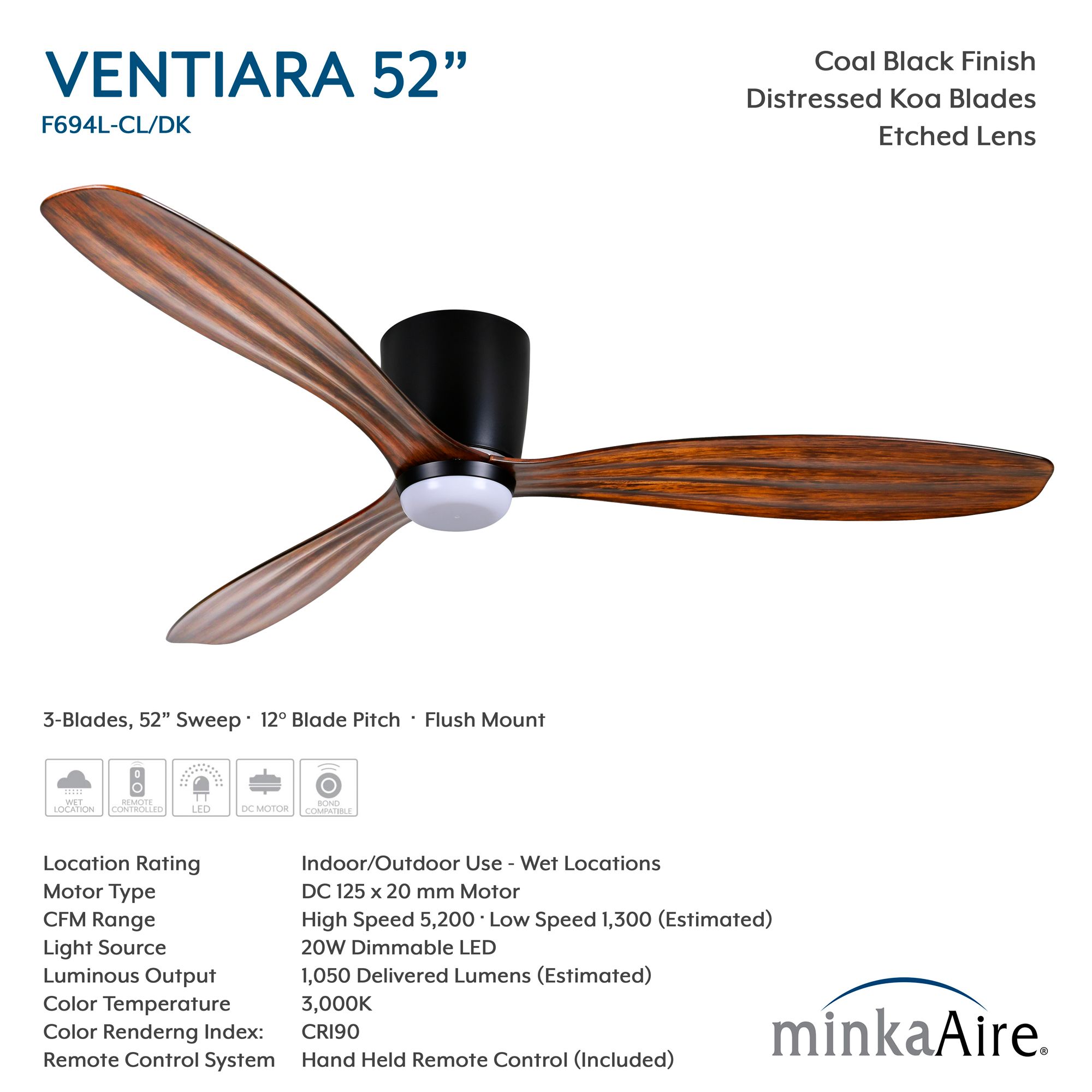 Minka-Aire Ventiara 52-in LED Coal Black Indoor/Outdoor 3-Blade Ceiling Fan