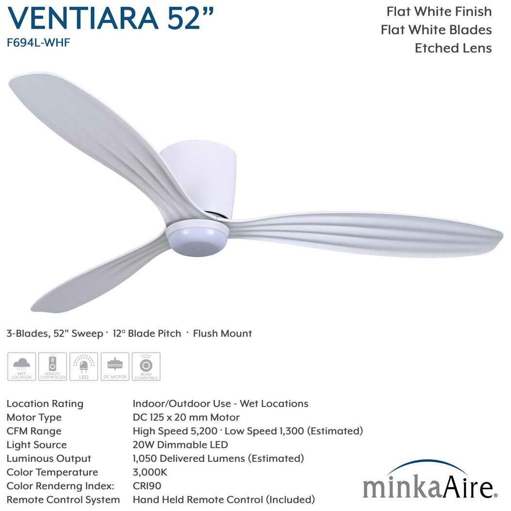 Image 7 Minka-Aire Ventiara 52-in LED Flat White Indoor/Outdoor 3-Blade Ceiling Fan more views