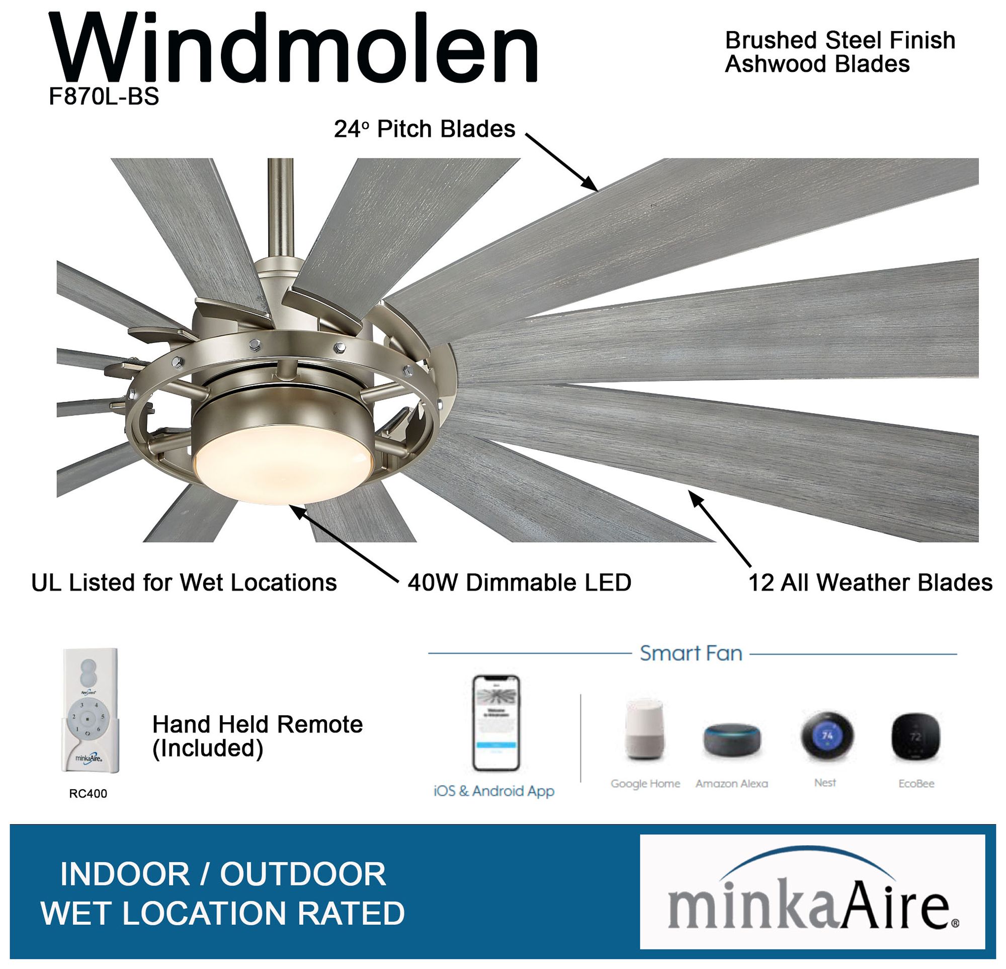 Image 6 Minka-Aire Windmolen 65-inch LED Brushed Steel Outdoor Smart Ceiling Fan more views