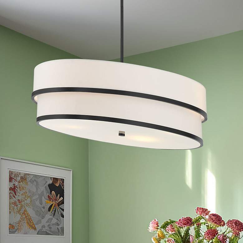 Image 1 Minka Cascade 42" Wide Coal Black White Linen Drum Pendant Light