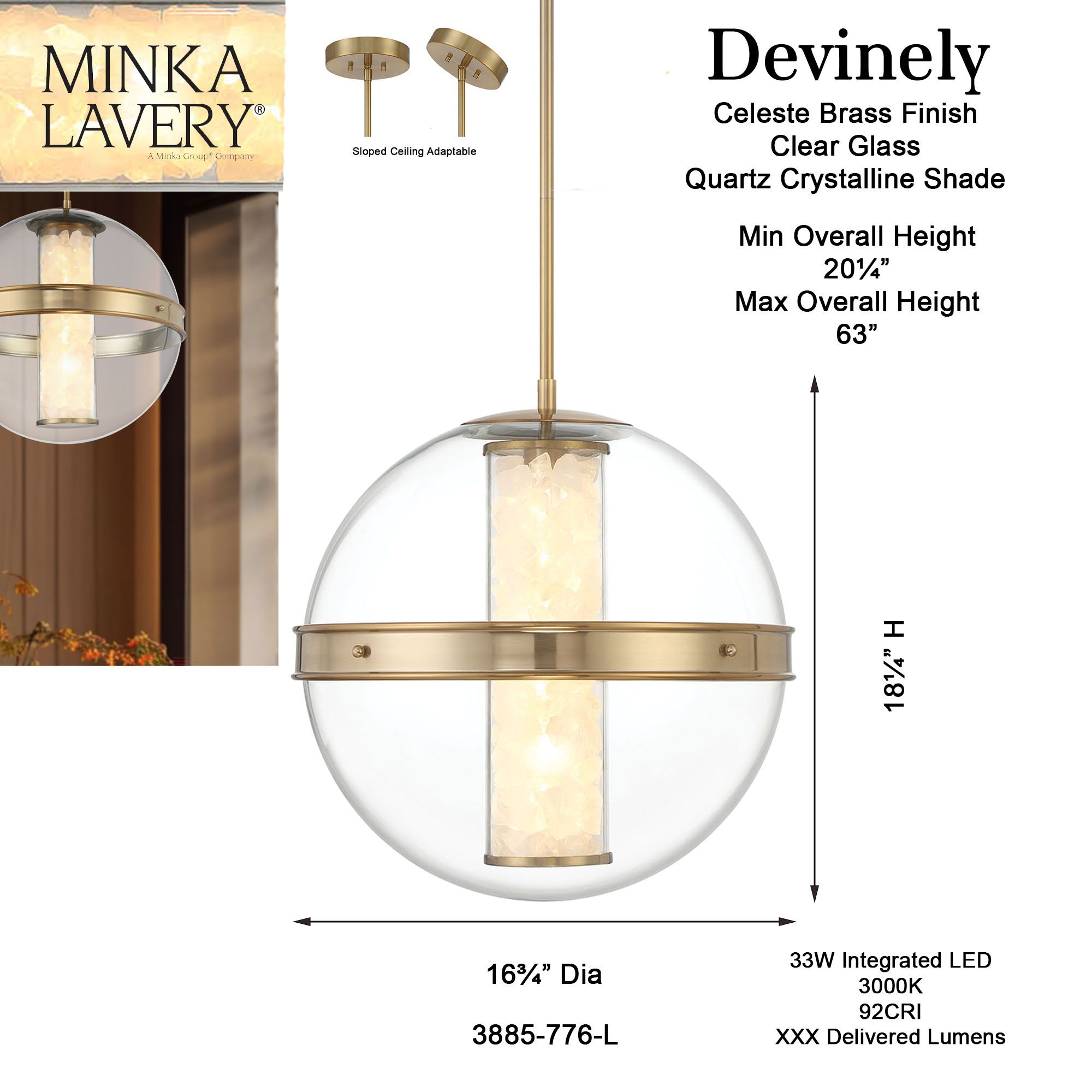 Minka Divinely 16 3/4" Wide Modern Celeste Brass LED Pendant Light
