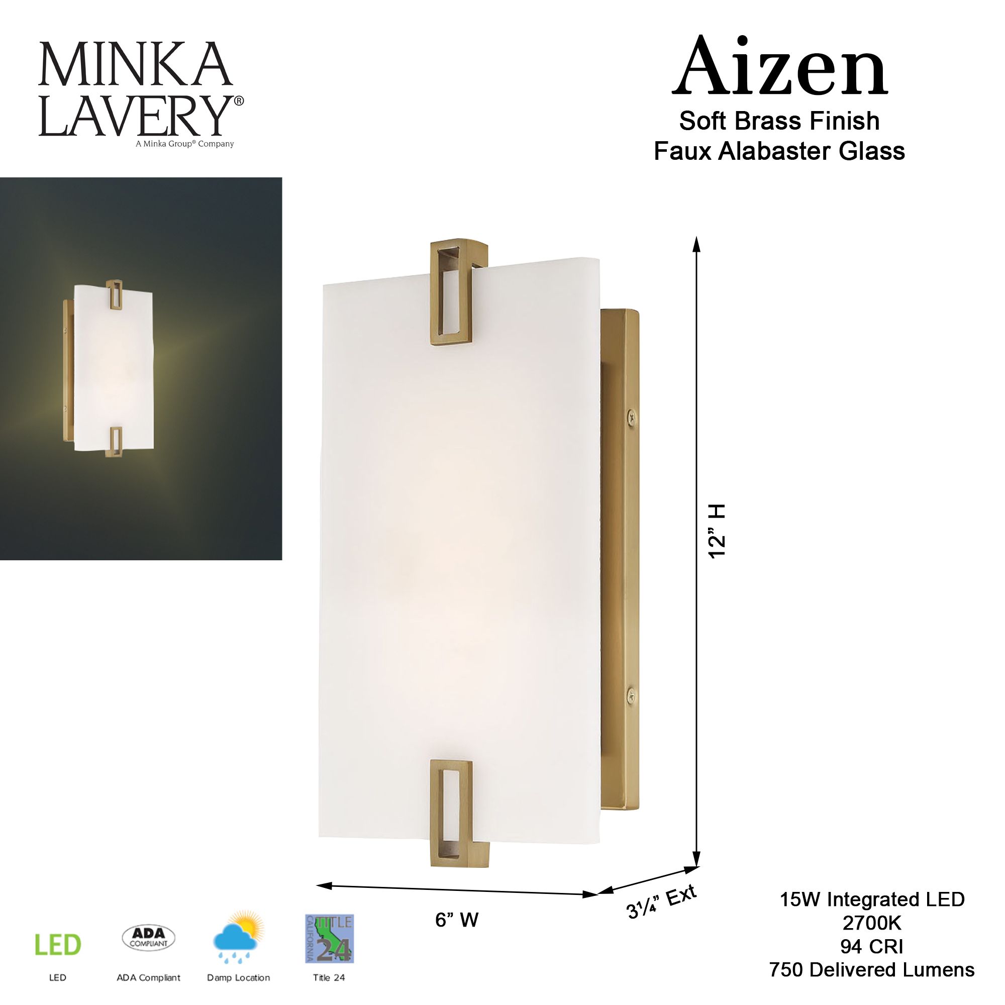 Image 5 Minka Lavery Aizen LED 12-inch Soft Brass Wall Sconce with White Diffuser more views