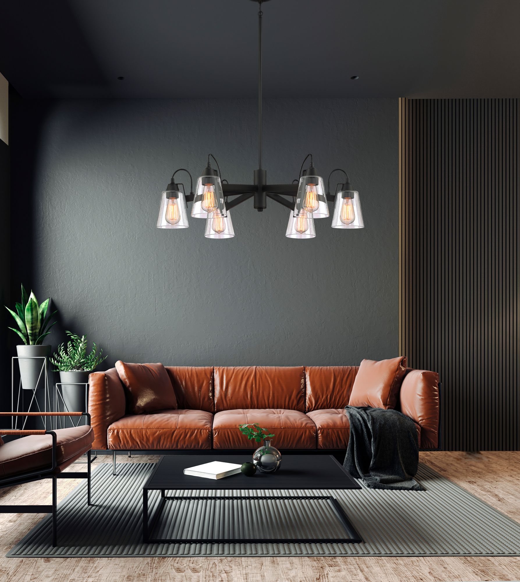 Minka-Lavery Beckonridge 6-Light Coal Black Chandelier with Glass Shades in scene