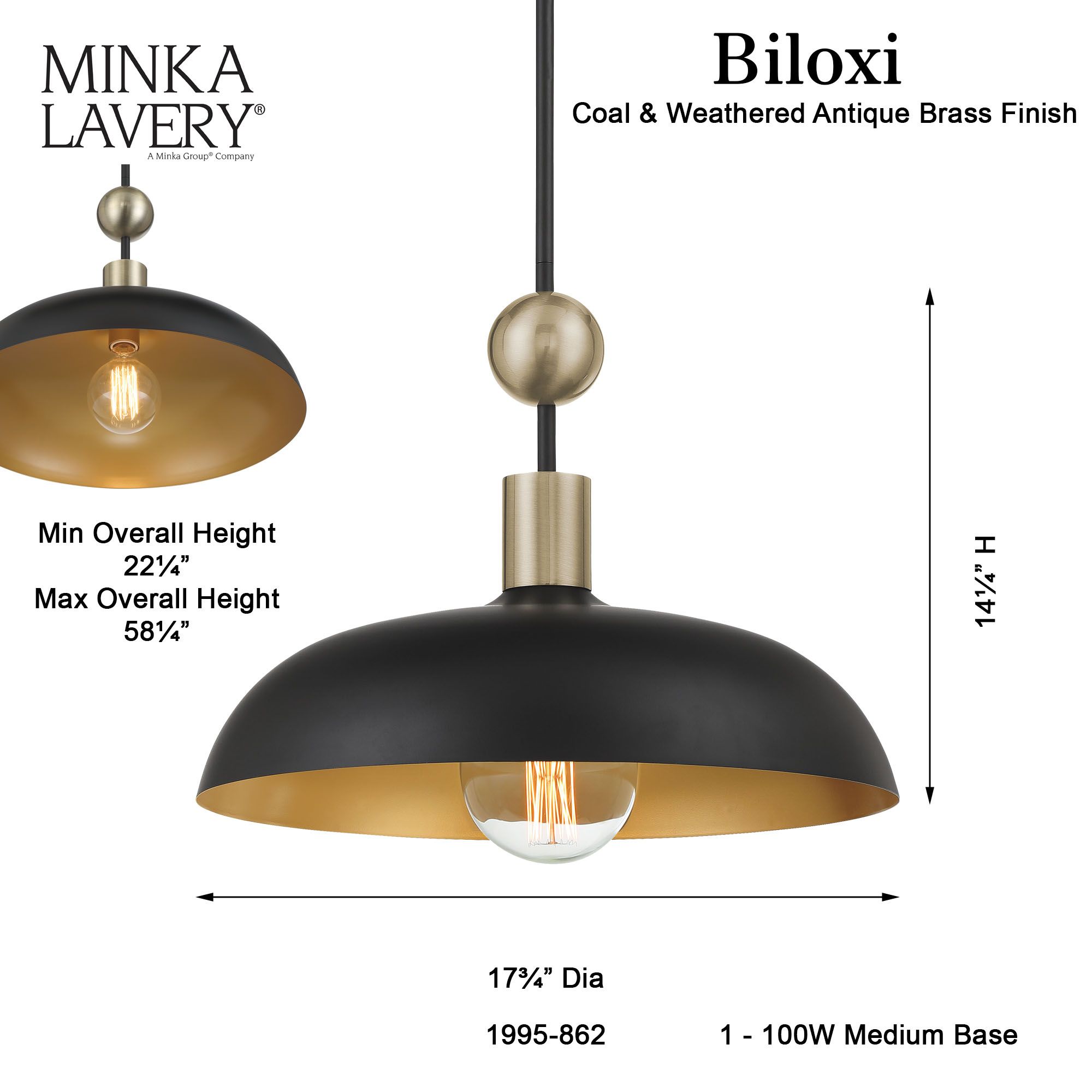 Image 4 Minka-Lavery Biloxi 1-Light Coal Black and Antique Brass Pendant more views