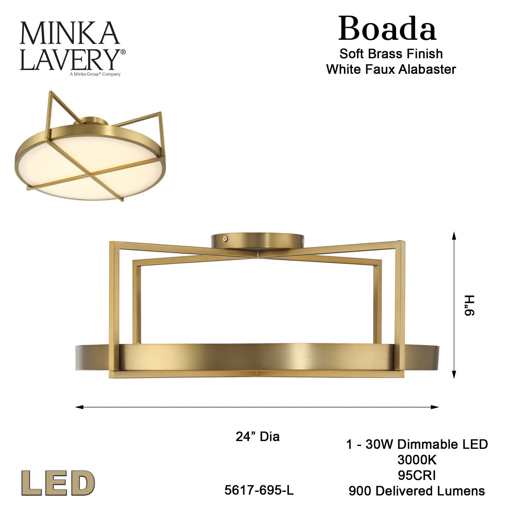 Minka-Lavery Boada 1-Light LED Soft Brass Semi-Flush Mount