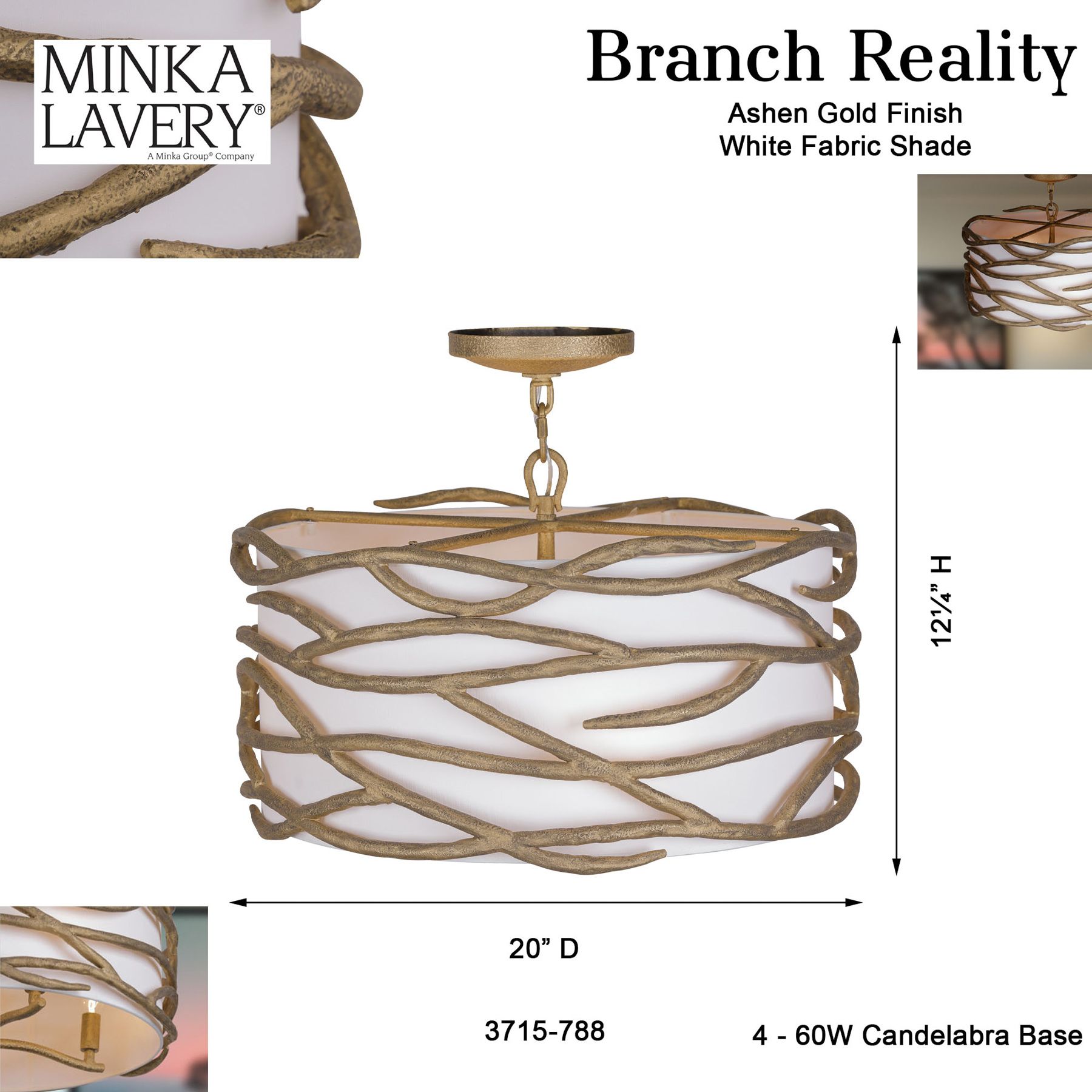 Minka Lavery Branch Reality 4-Light Ashen Gold Semi-Flush with White Shade