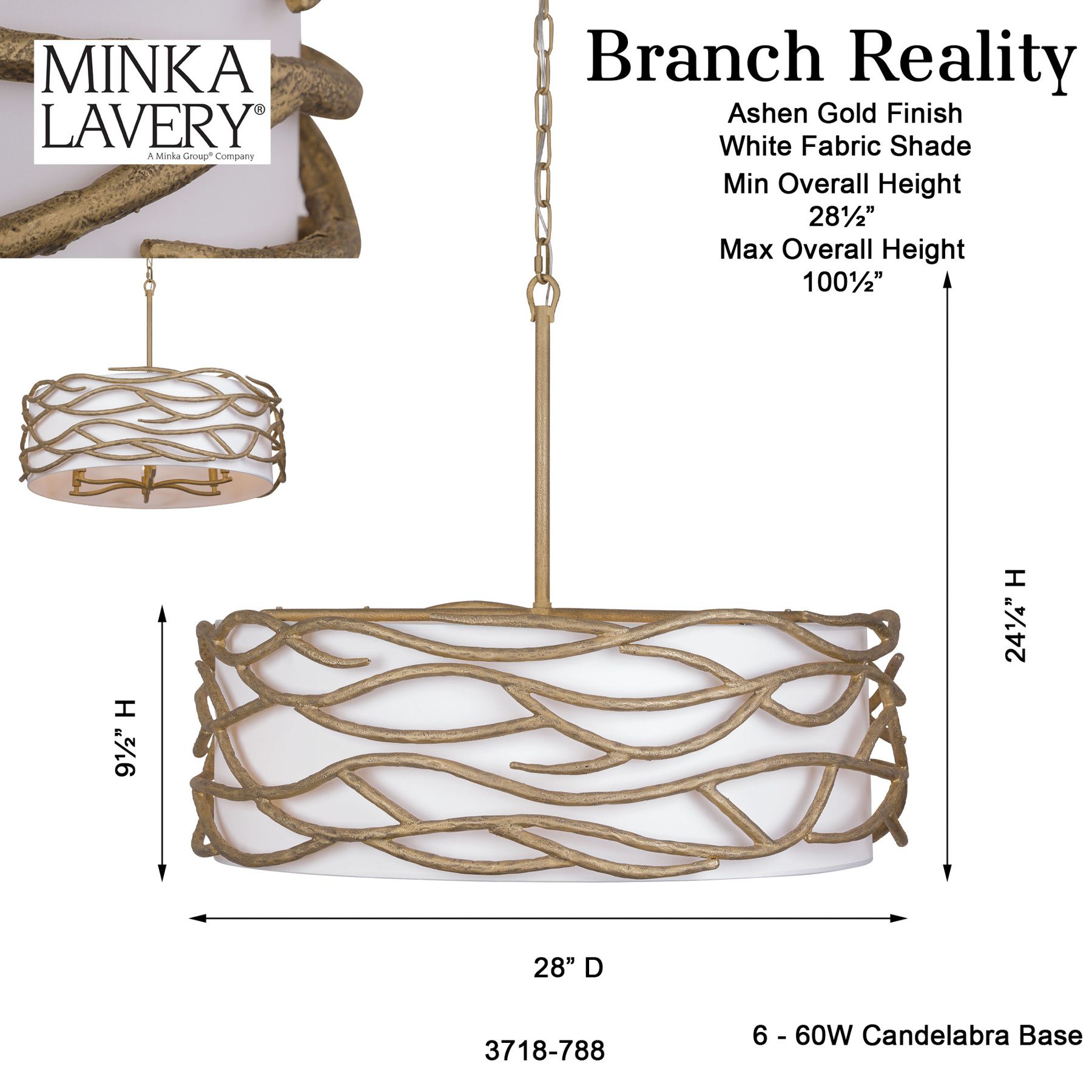 Minka Lavery Branch Reality 6-Light Ashen Gold Pendant with White Shade